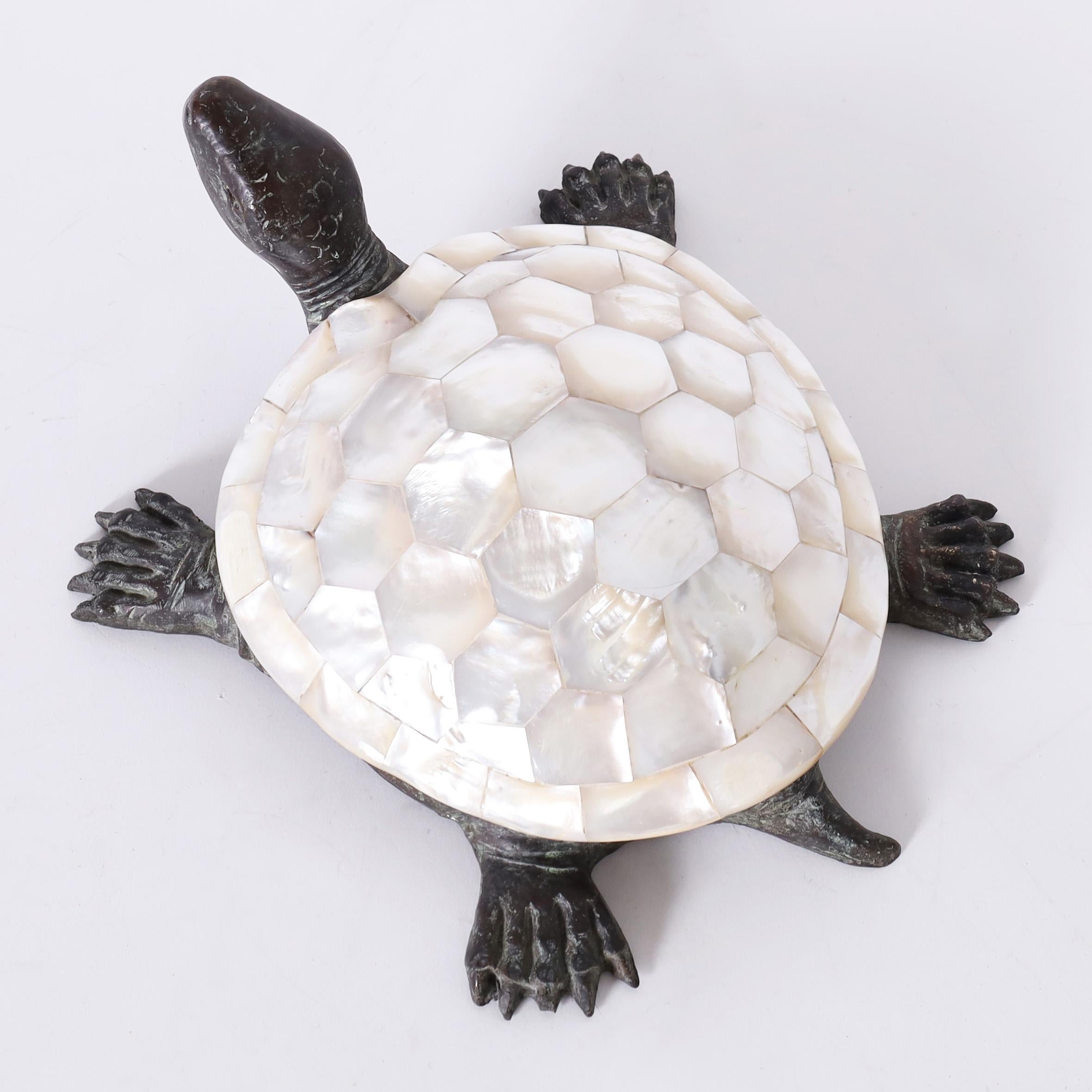 Hand-Carved Maitland-Smith Bronze and Mother of Pearl Turtle Sculpture For Sale