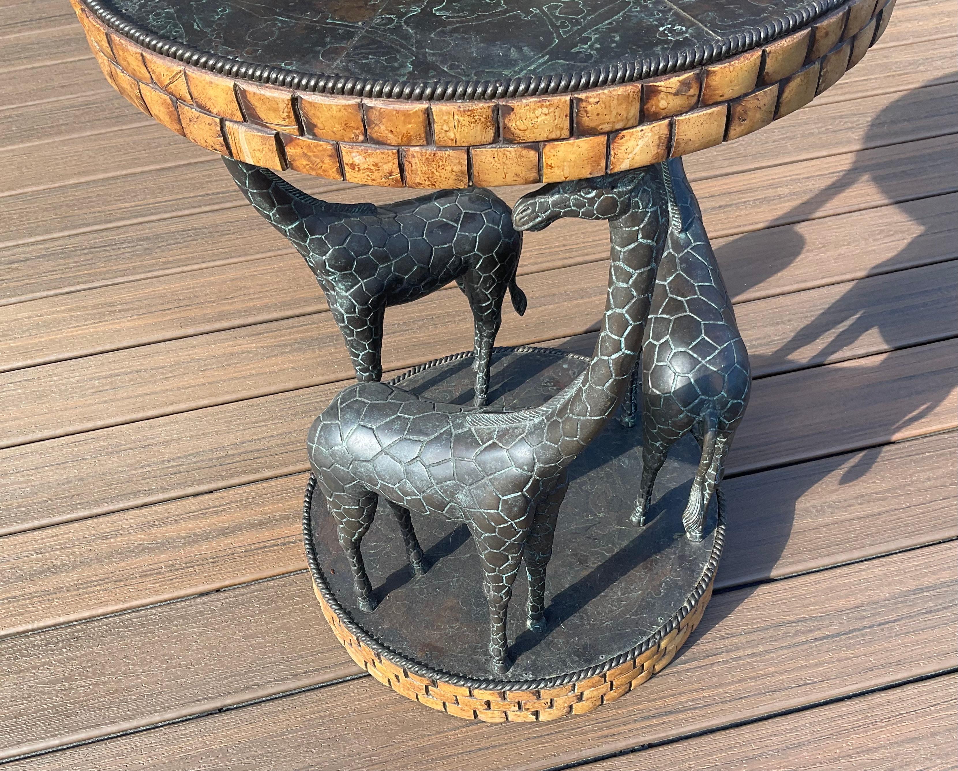 Mid-Century Modern Maitland Smith Bronze and Wood Side Table with Trio of Bronze Giraffe Sculptures