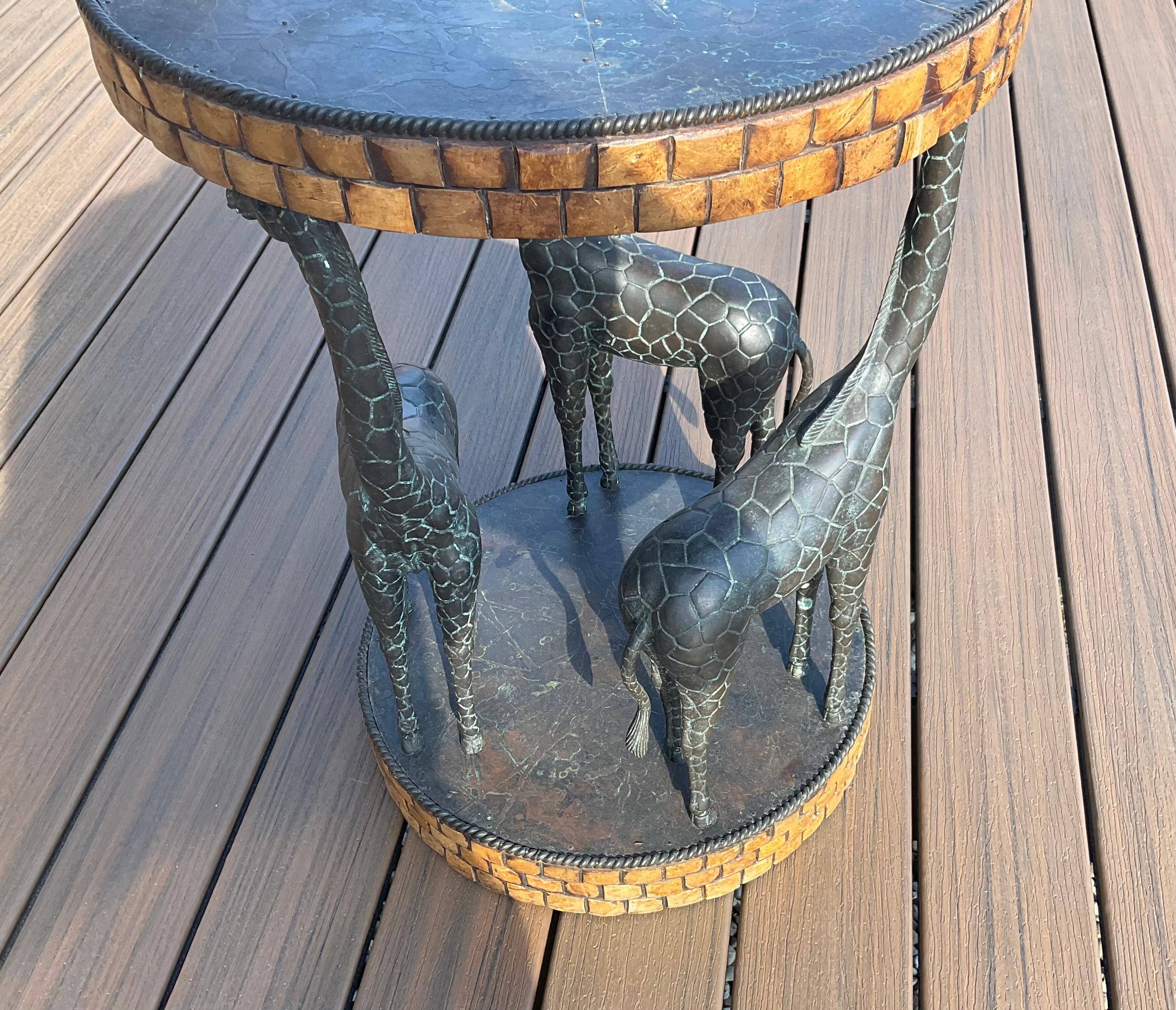 Metal Maitland Smith Bronze and Wood Side Table with Trio of Bronze Giraffe Sculptures