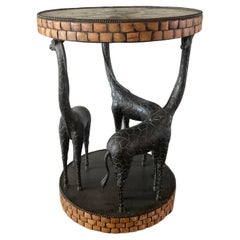 Maitland Smith Bronze and Wood Side Table with Trio of Bronze Giraffe Sculptures