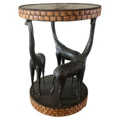 Maitland Smith Bronze and Wood Side Table with Trio of Bronze Giraffe Sculptures