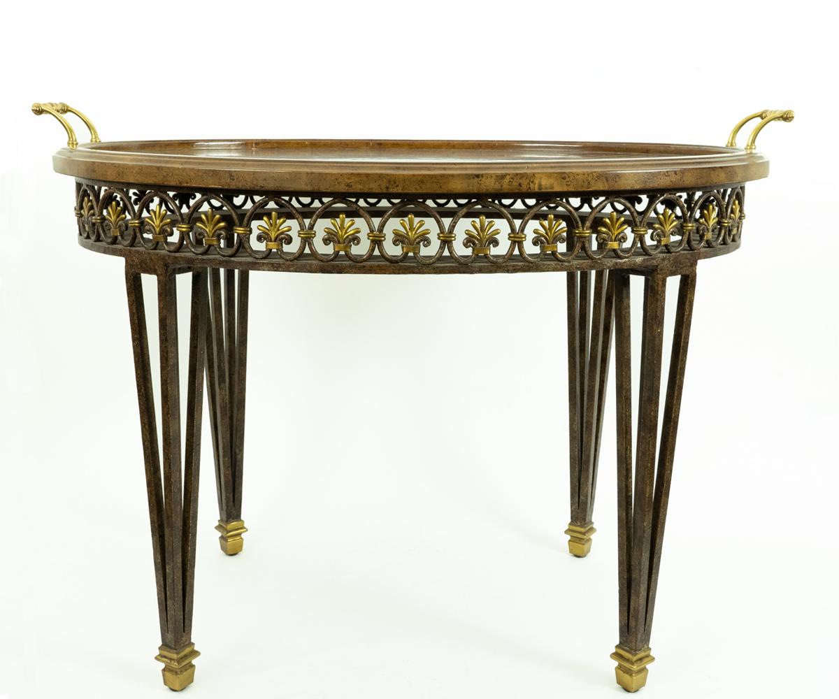 Neoclassical Maitland Smith Bronze Base and Inlaid Wood Tray Table For Sale