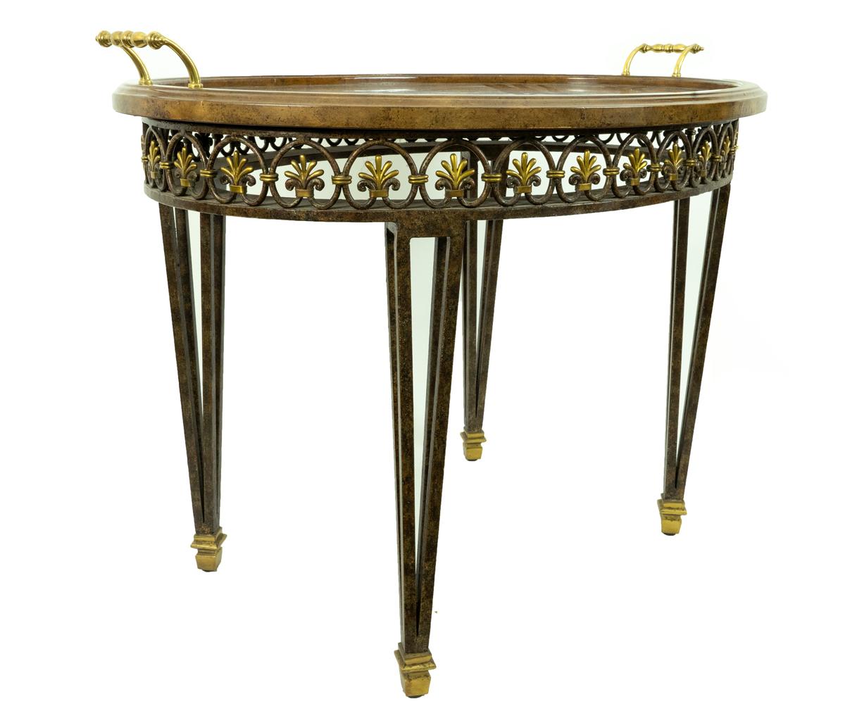 Asian Maitland Smith Bronze Base and Inlaid Wood Tray Table For Sale