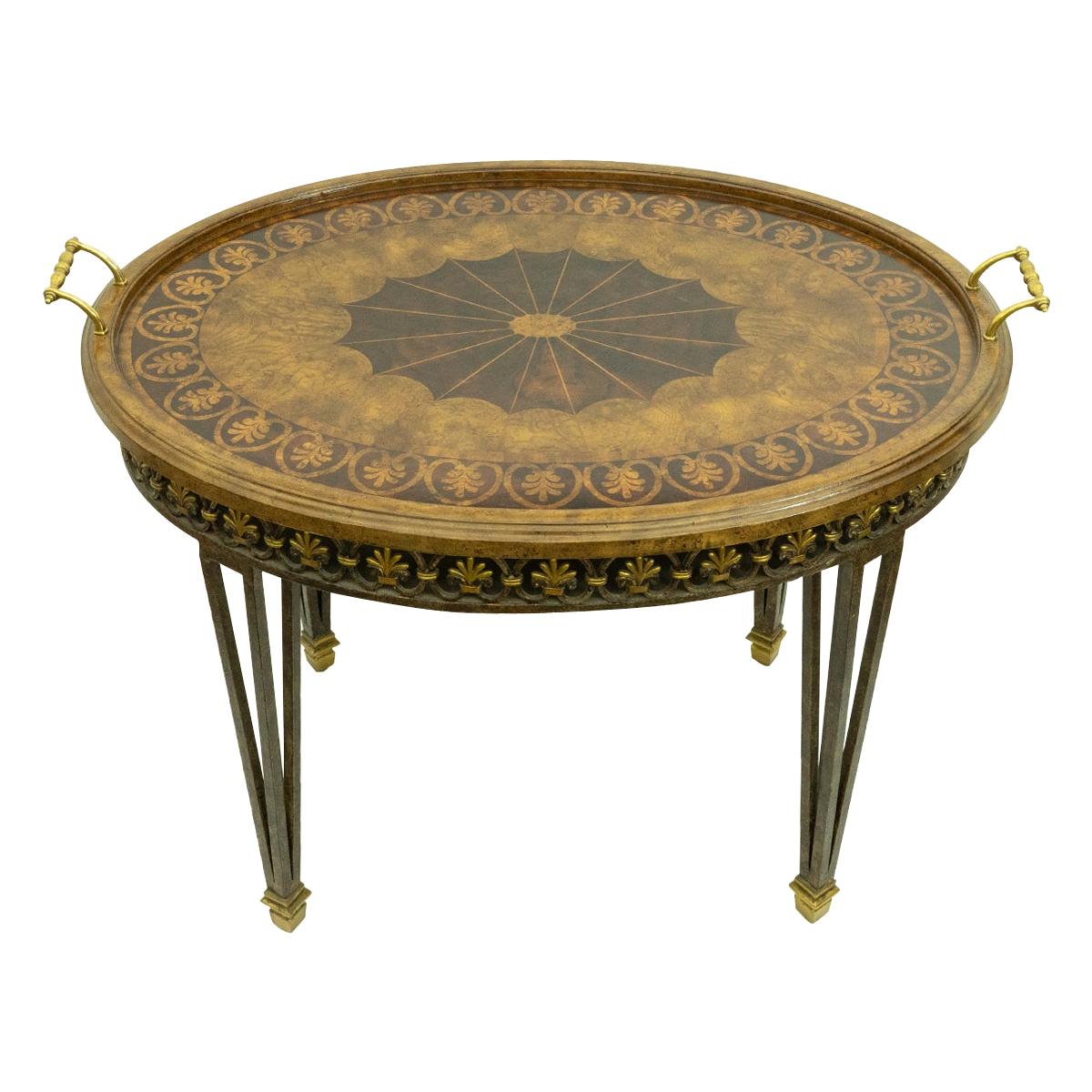 Maitland Smith Bronze Base and Inlaid Wood Tray Table For Sale