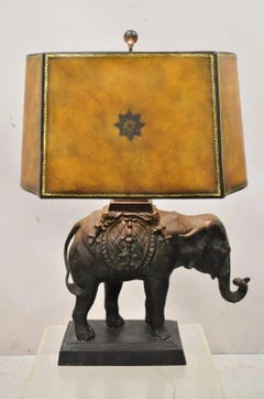Maitland Smith Bronze Figural Elephant Table Lamp Faux Tooled Leather Shade (A)