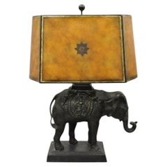 Maitland Smith Bronze Figural Elephant Table Lamp Faux Tooled Leather Shade (A)