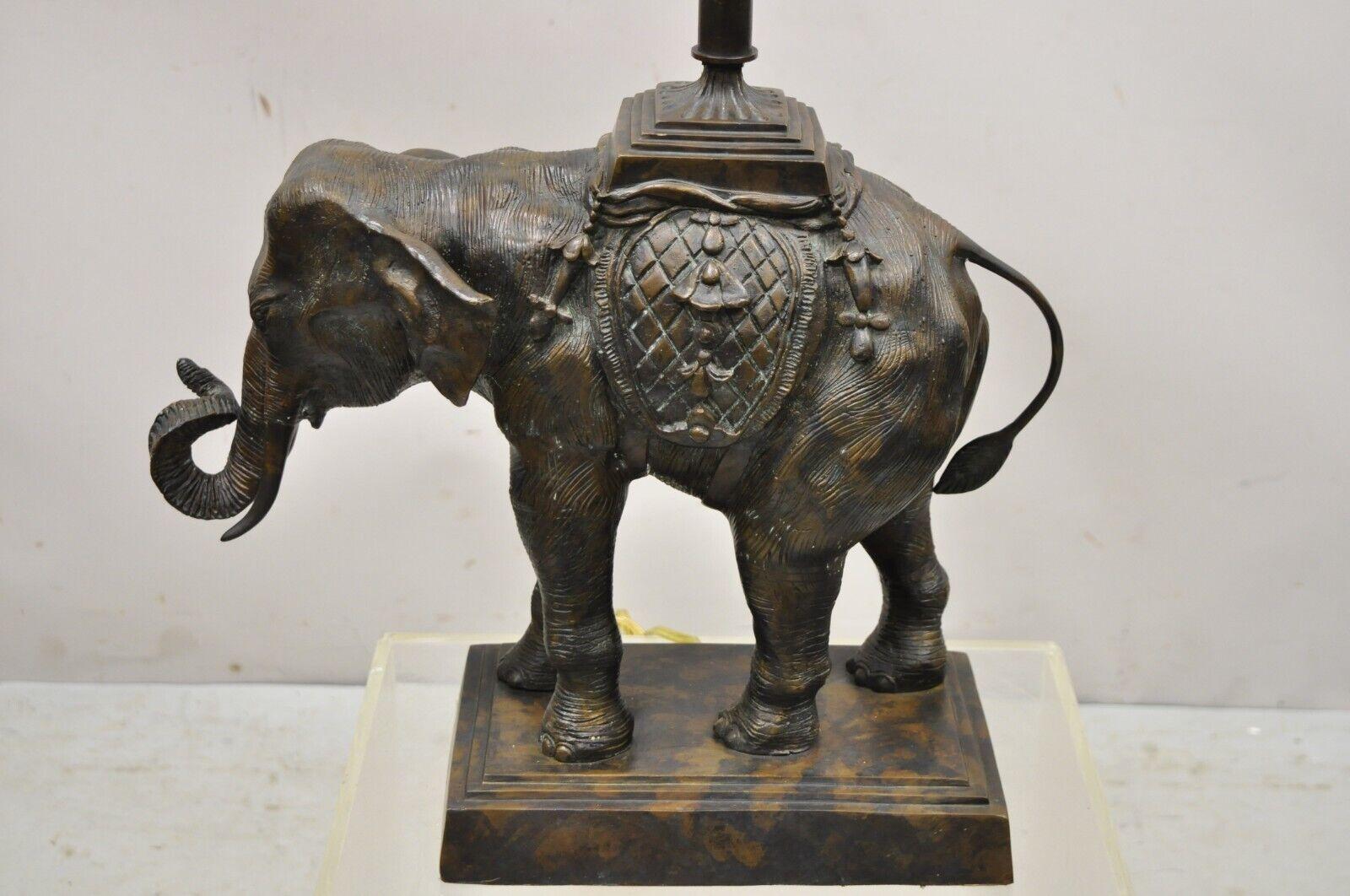 Maitland Smith Bronze Figural Elephant Table Lamp Faux Tooled Leather Shade 'B' 1