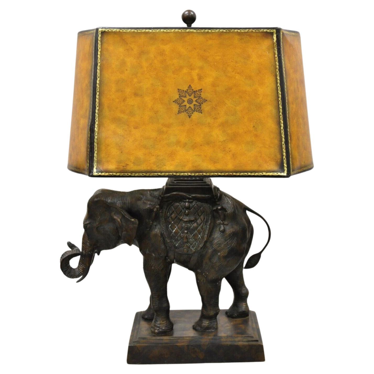 Maitland Smith Bronze Figural Elephant Table Lamp Faux Tooled Leather Shade 'B'
