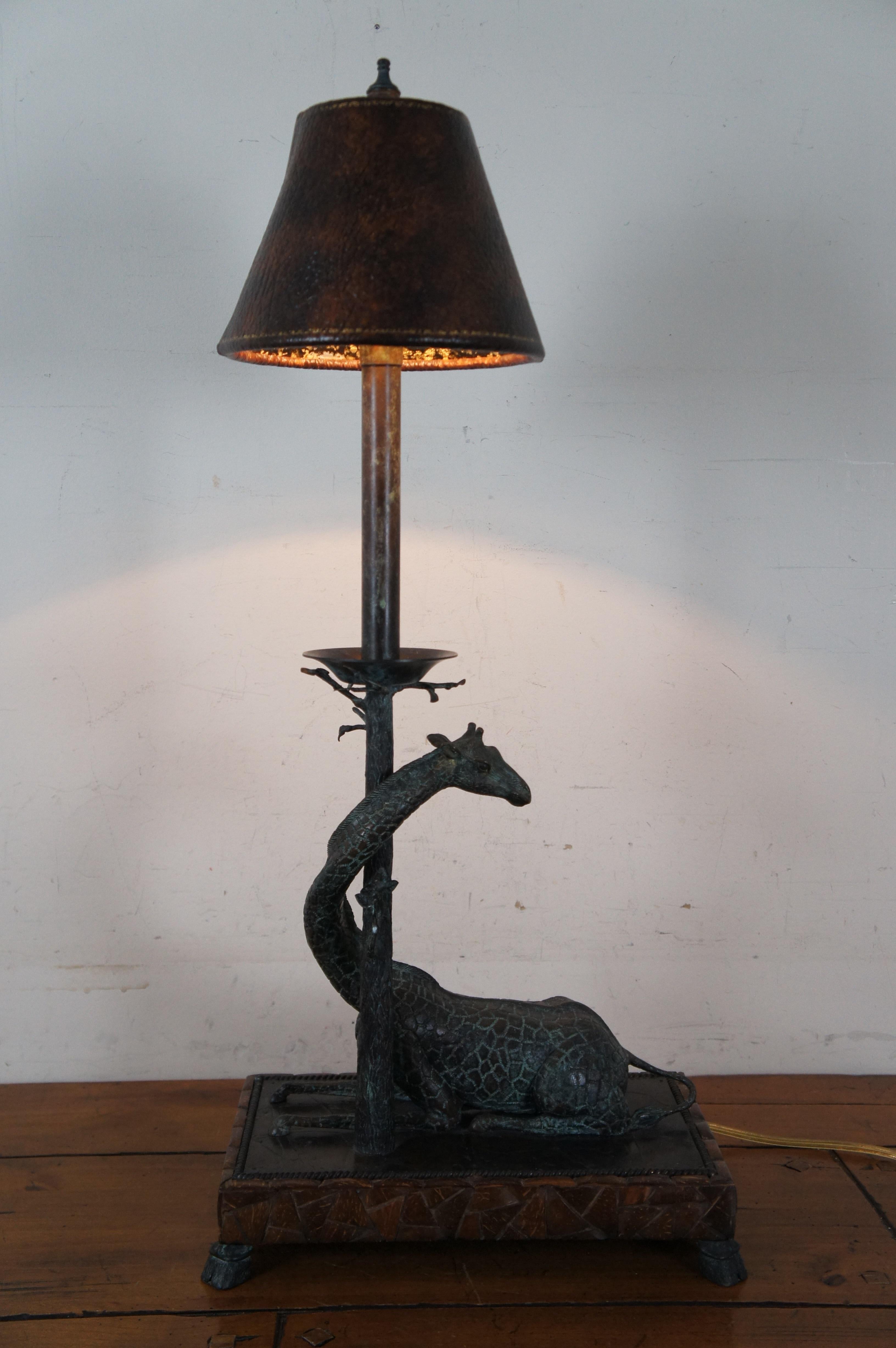 Maitland Smith Bronze Giraffe Tree Candlestick Table Lamp Leather Shade 31