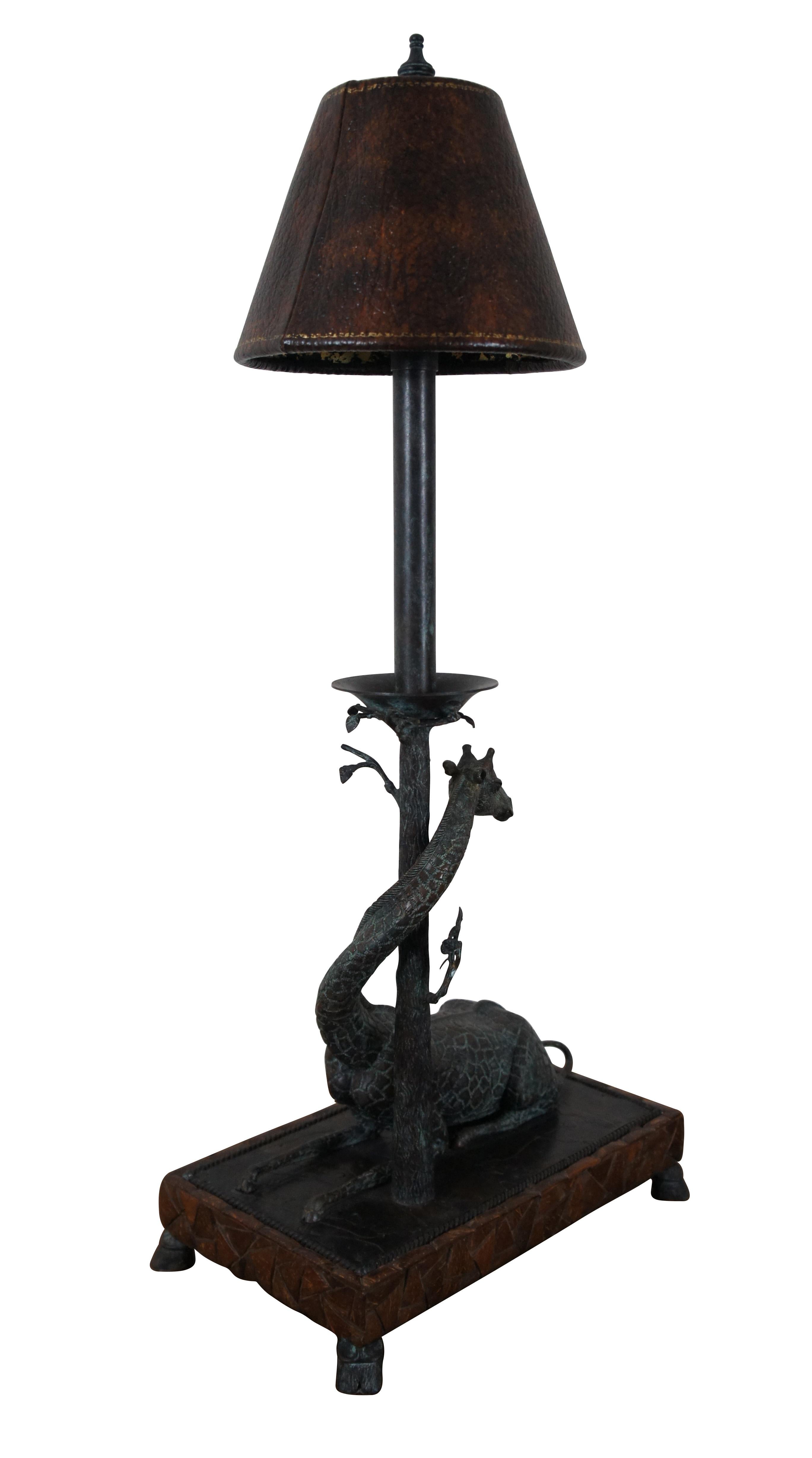British Colonial Maitland Smith Bronze Giraffe Tree Candlestick Table Lamp Leather Shade 31