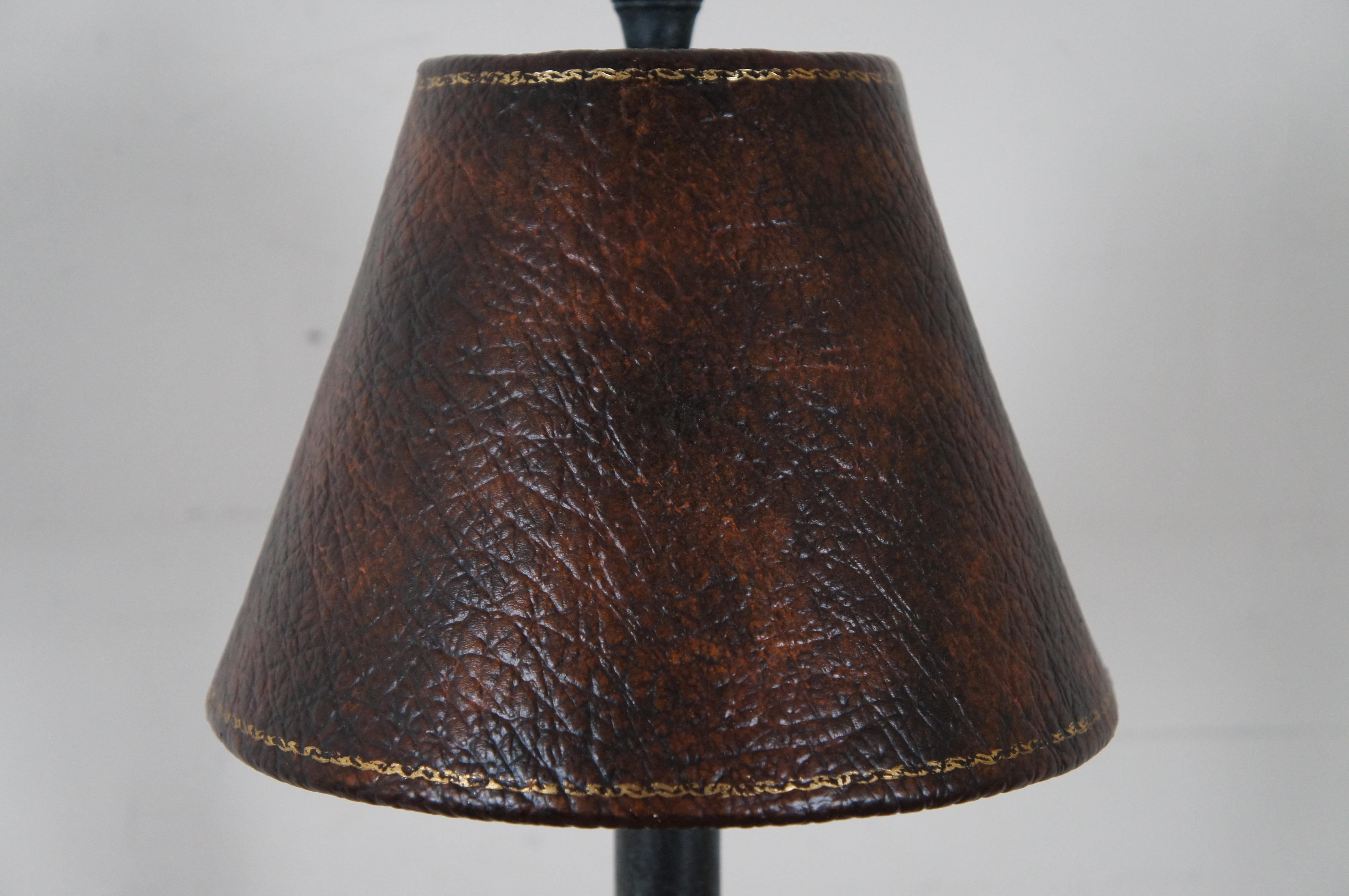 20th Century Maitland Smith Bronze Giraffe Tree Candlestick Table Lamp Leather Shade 31
