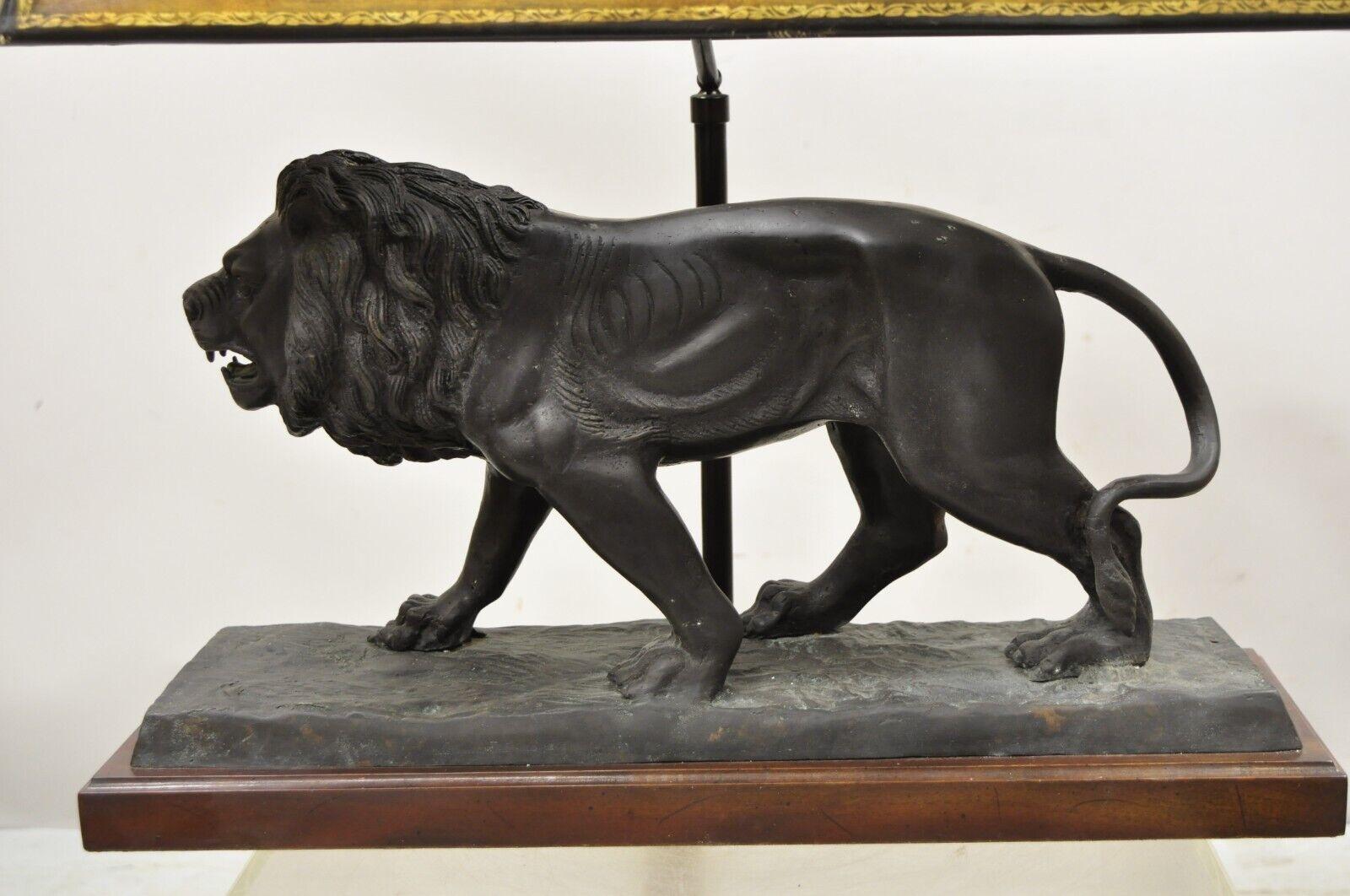 Maitland Smith Bronze Lion Table Lamp with Faux Tooled Leather Shade 6