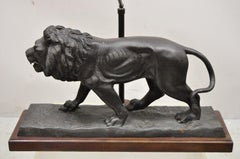 Maitland Smith Bronze Lion Table Lamp with Faux Tooled Leather Shade