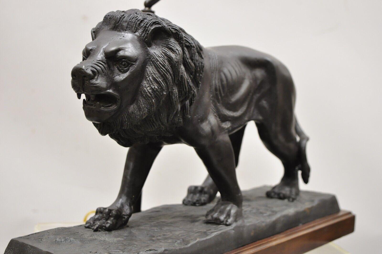 Hollywood Regency Maitland Smith Bronze Lion Table Lamp with Faux Tooled Leather Shade