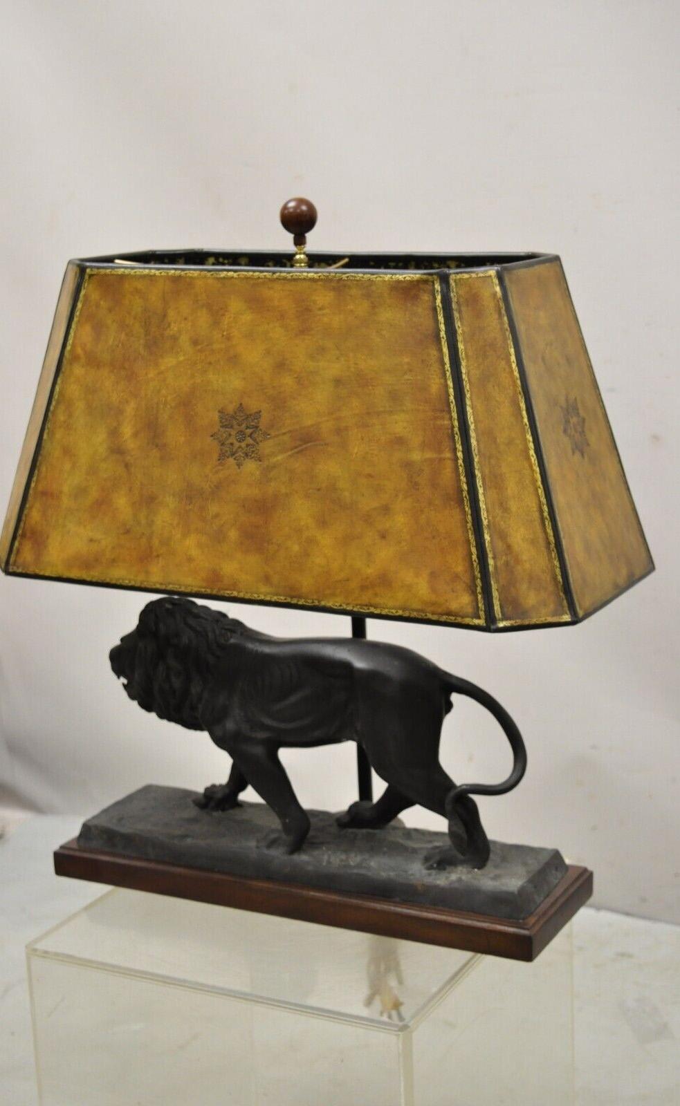 Maitland Smith Bronze Lion Table Lamp with Faux Tooled Leather Shade In Good Condition In Philadelphia, PA
