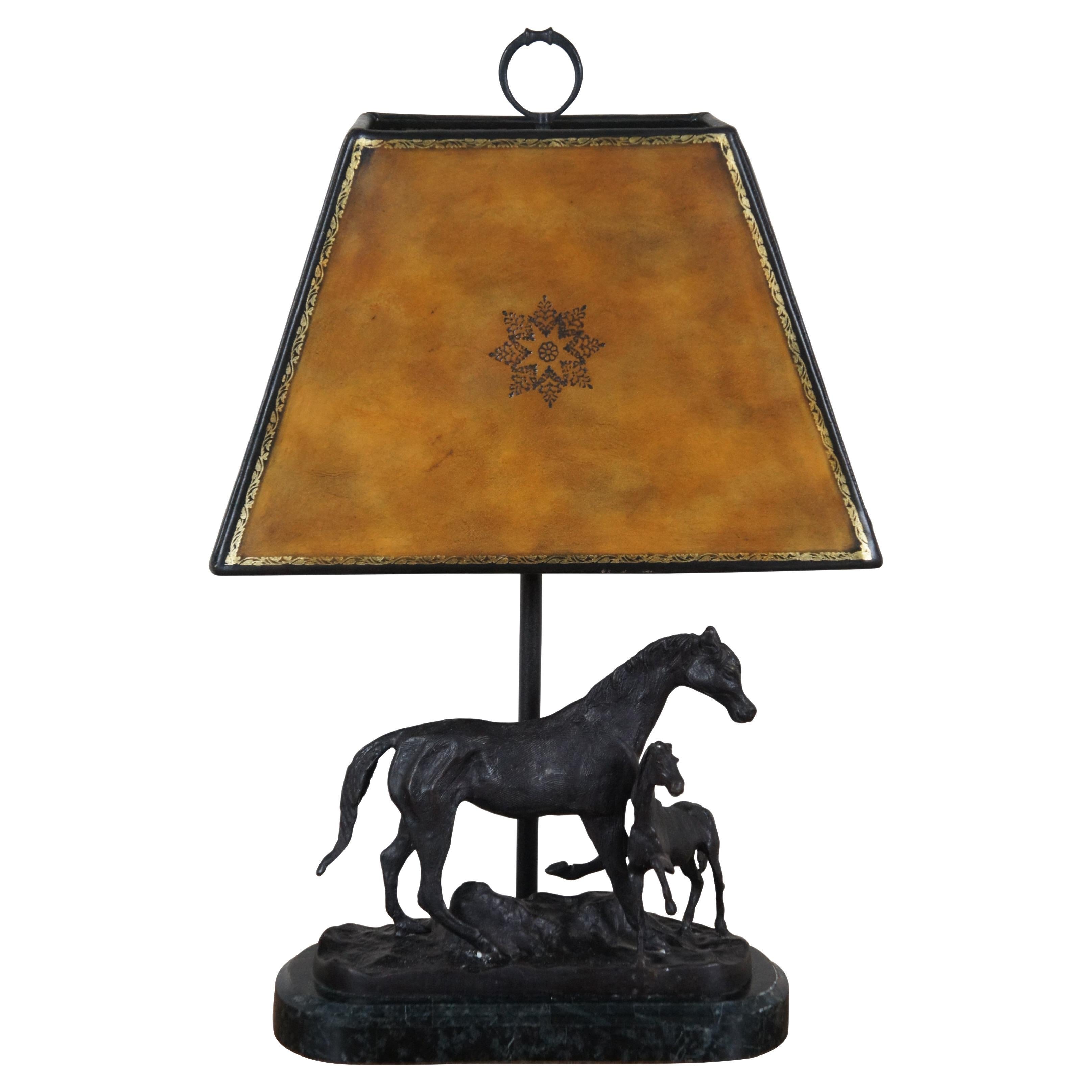 Maitland Smith Bronze Marble Tooled Leather Equestrian Horse Table Lamp 21" For Sale