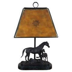 Vintage Maitland Smith Bronze Marble Tooled Leather Equestrian Horse Table Lamp 21"