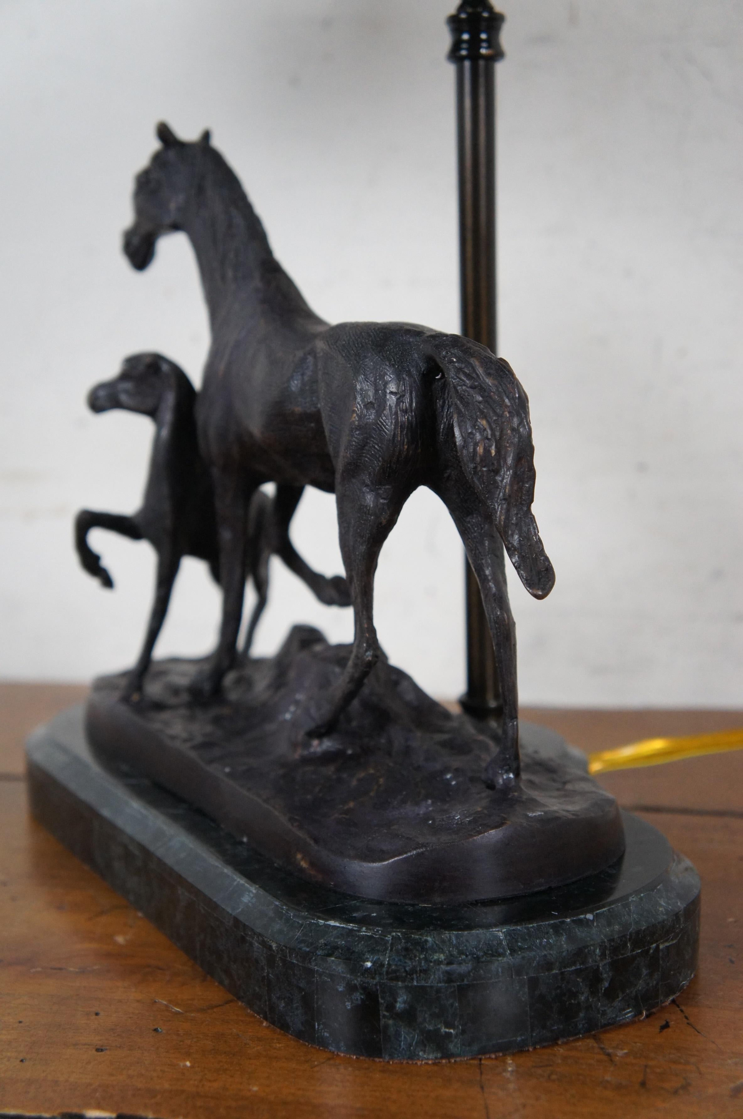 Maitland Smith Bronze Marmor Tooled Leder-Tischlampe mit Reiterpferd 24