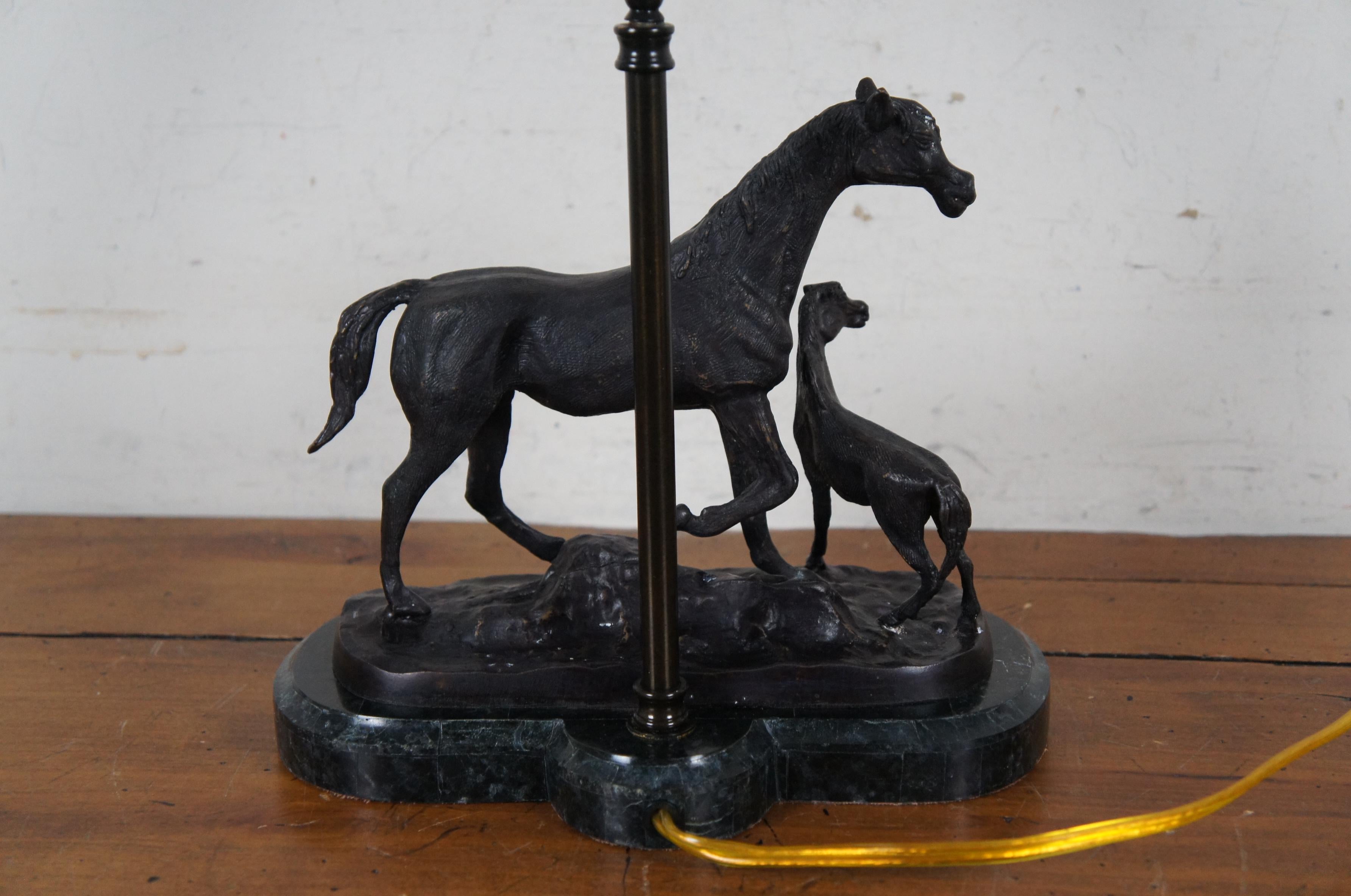 Maitland Smith Bronze Marmor Tooled Leder-Tischlampe mit Reiterpferd 24
