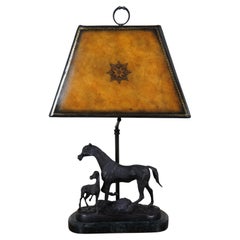 Vintage Maitland Smith Bronze Marble Tooled Leather Equestrian Horse Table Lamp 24"