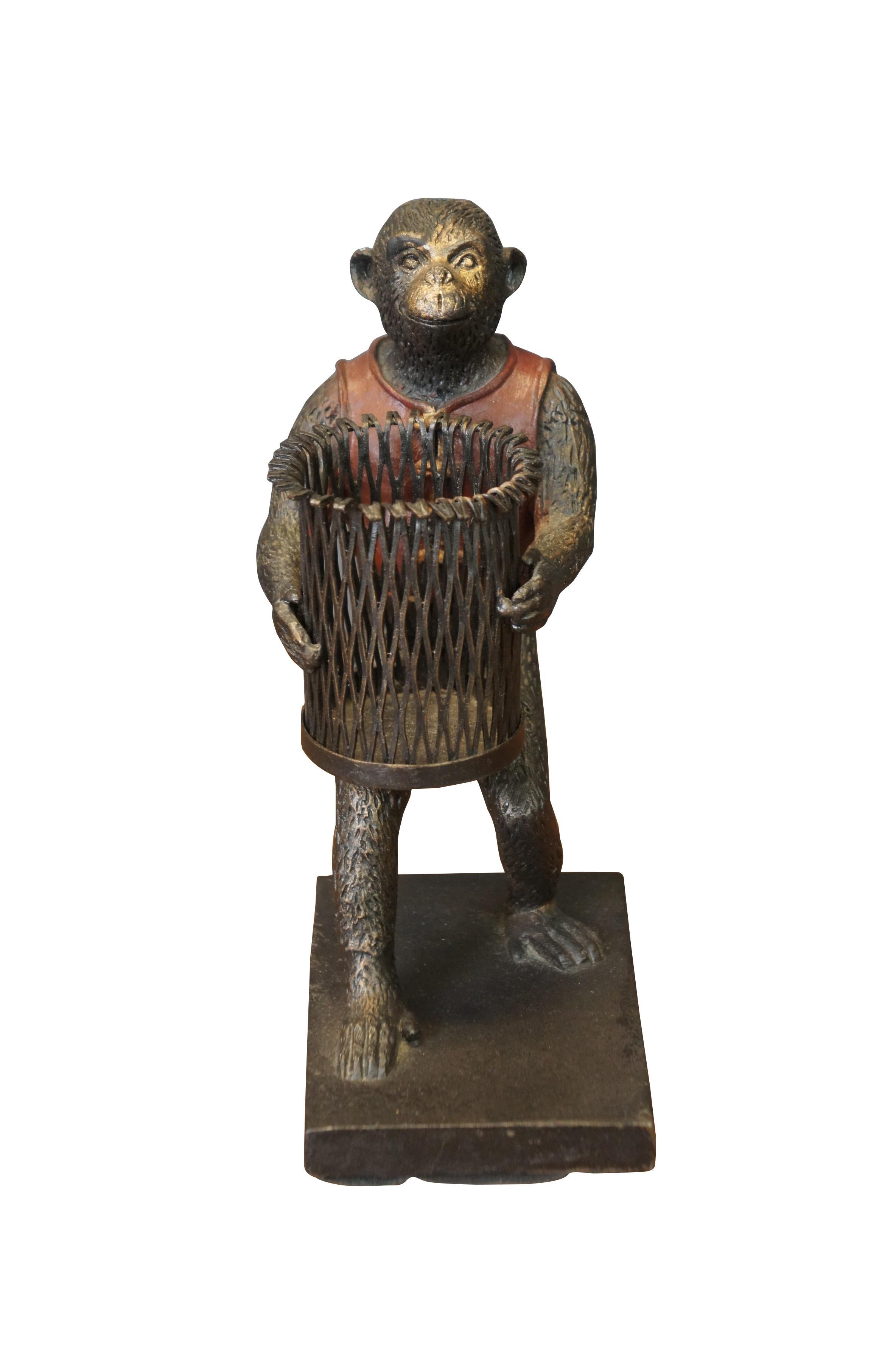 British Colonial Maitland Smith Bronze Monkey Basket Votive Candle Holder Toothpick Pen Holder 8