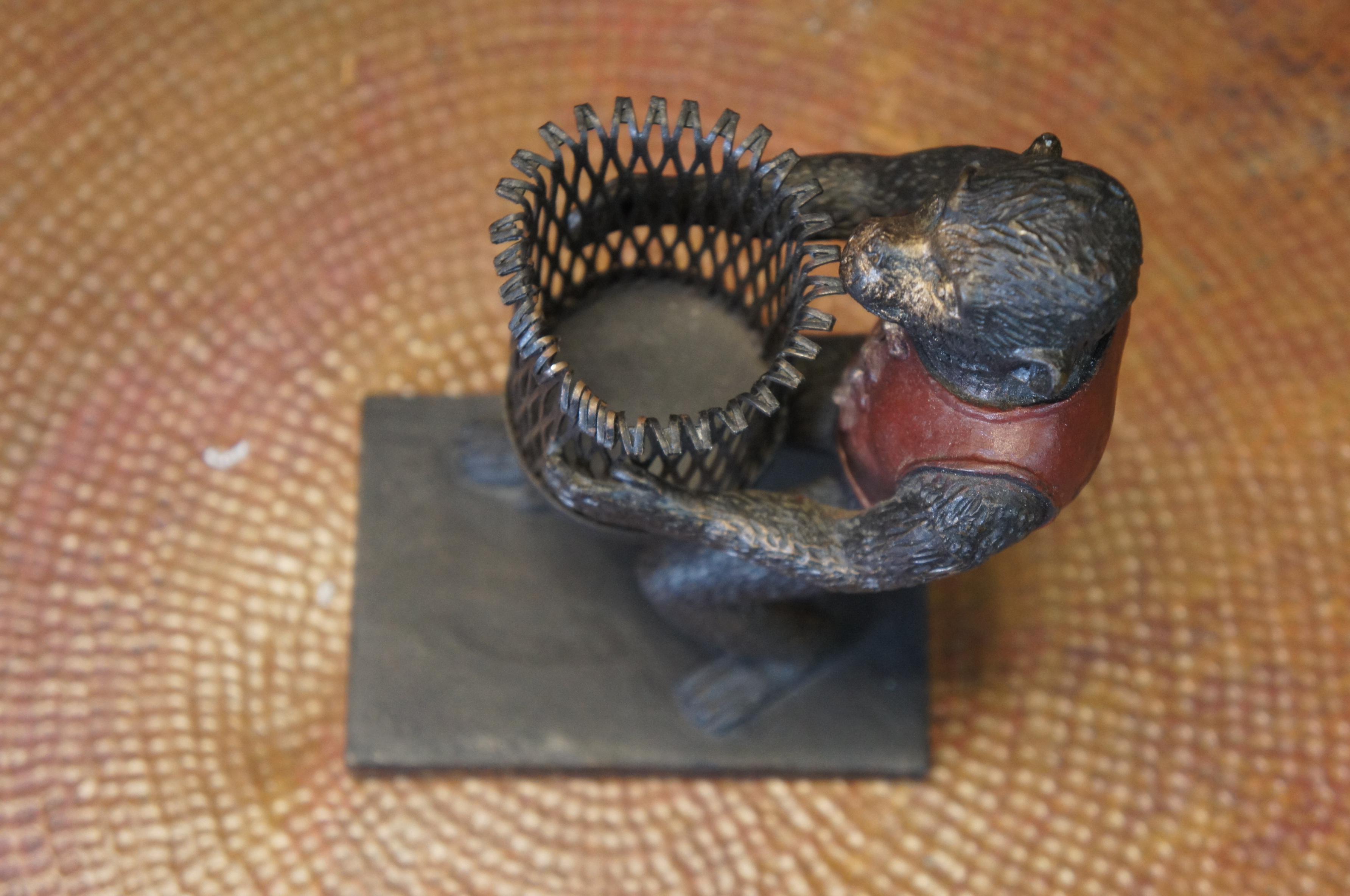 Maitland Smith Bronze Monkey Basket Votive Candle Holder Toothpick Pen Holder 8