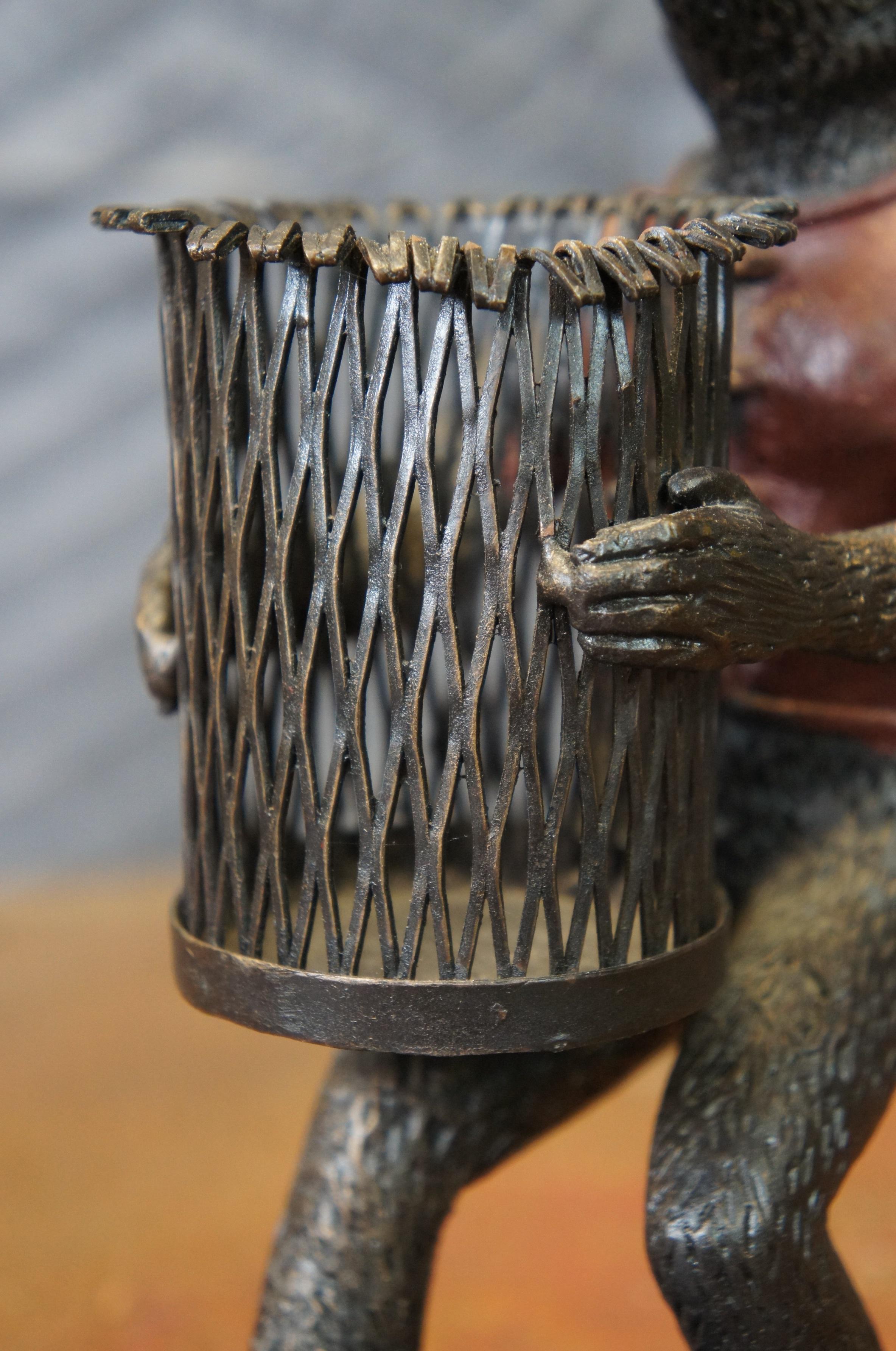 Maitland Smith Bronze Monkey Basket Votive Candle Holder Toothpick Pen Holder 8