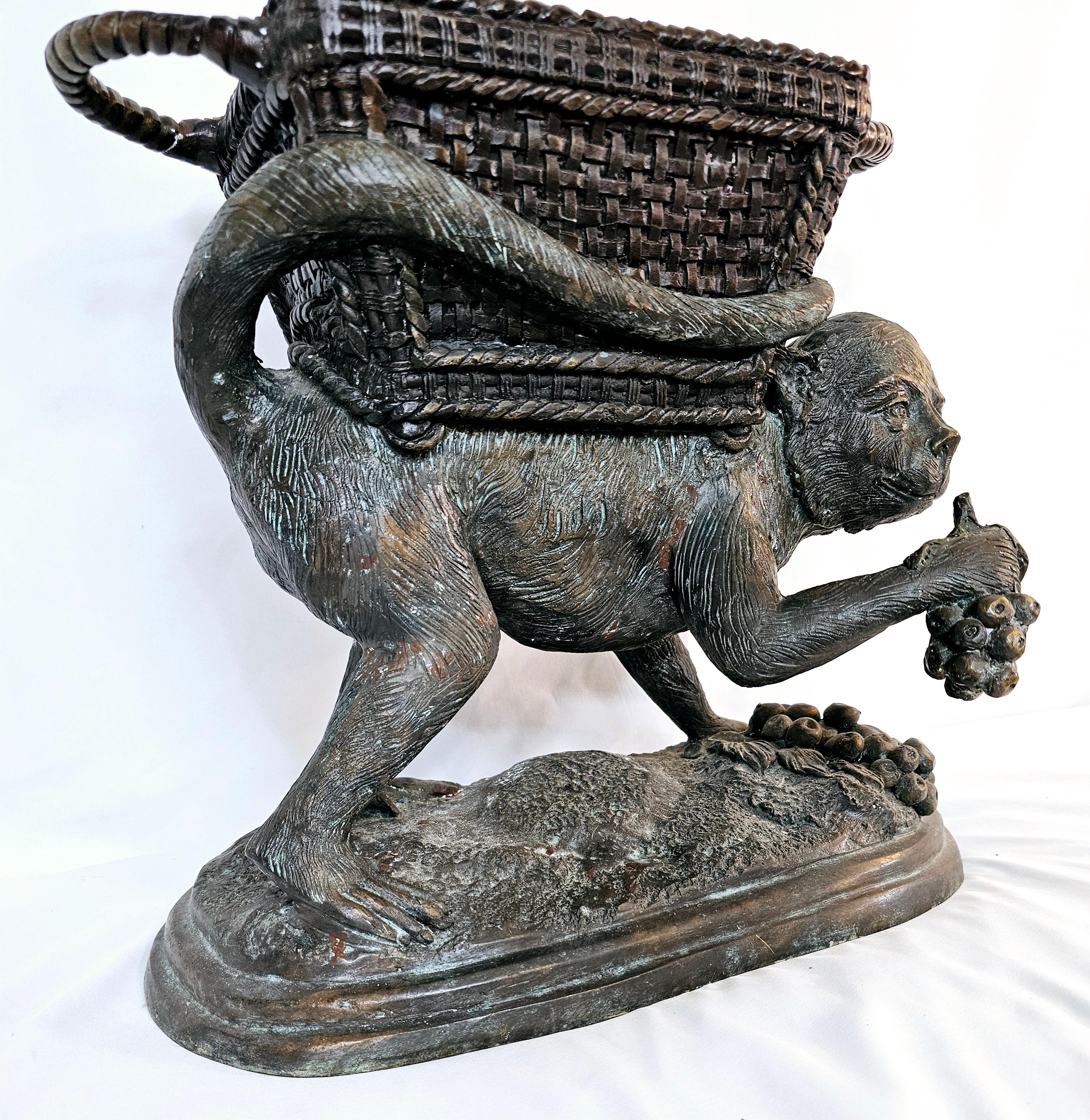 Maitland Smith bronze monkey carrying fruit lidded container For Sale 7