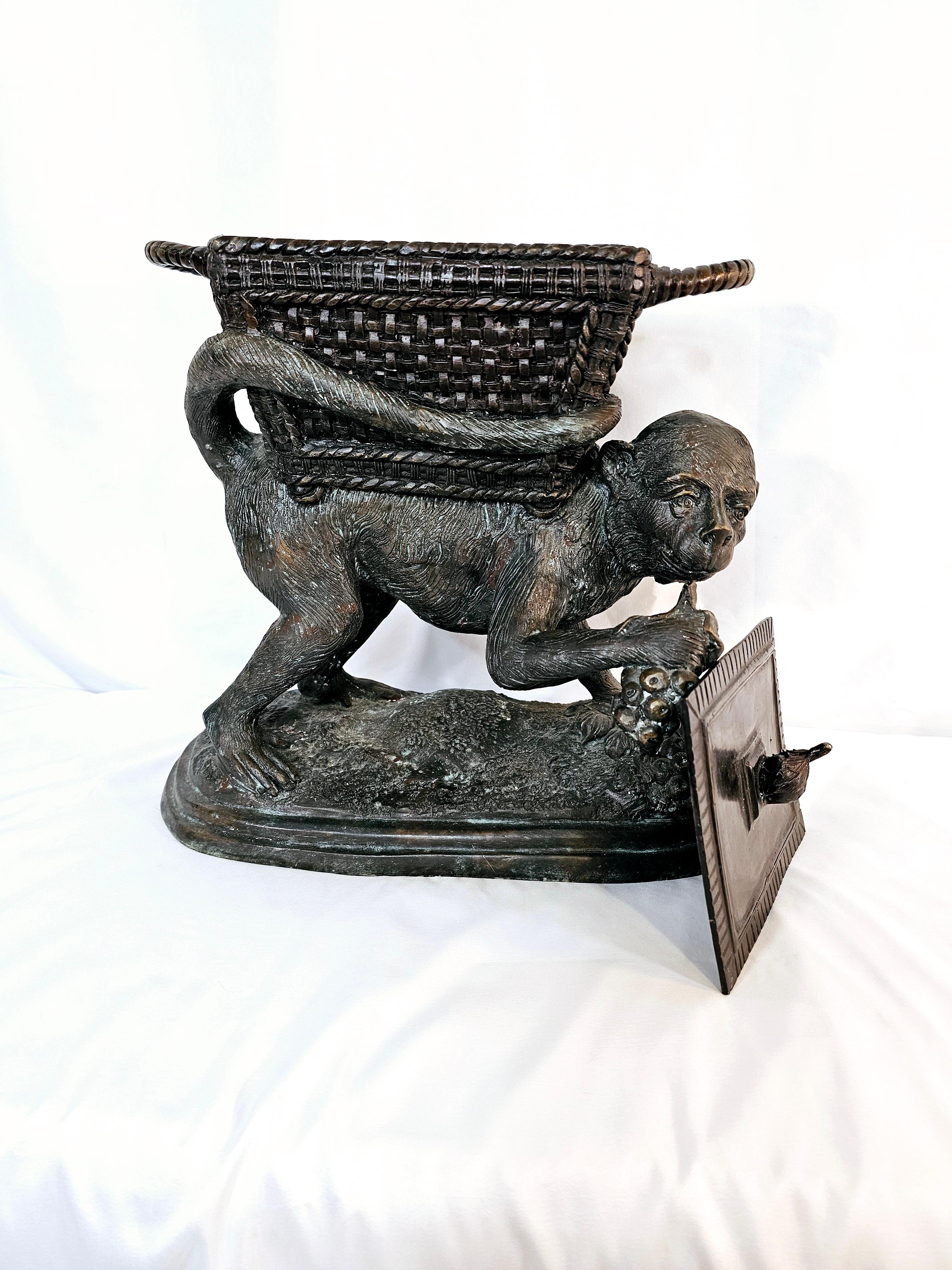 Maitland Smith Cast Bronze Monkey with Lidded Basket/ Planter Pot/ Statue/ Sculpture. 
The piece features cast bronze construction.
A solid lid to the basket. 
Great patina. 
A very nice item, brings character and conversation to any room. 
25 lbs.