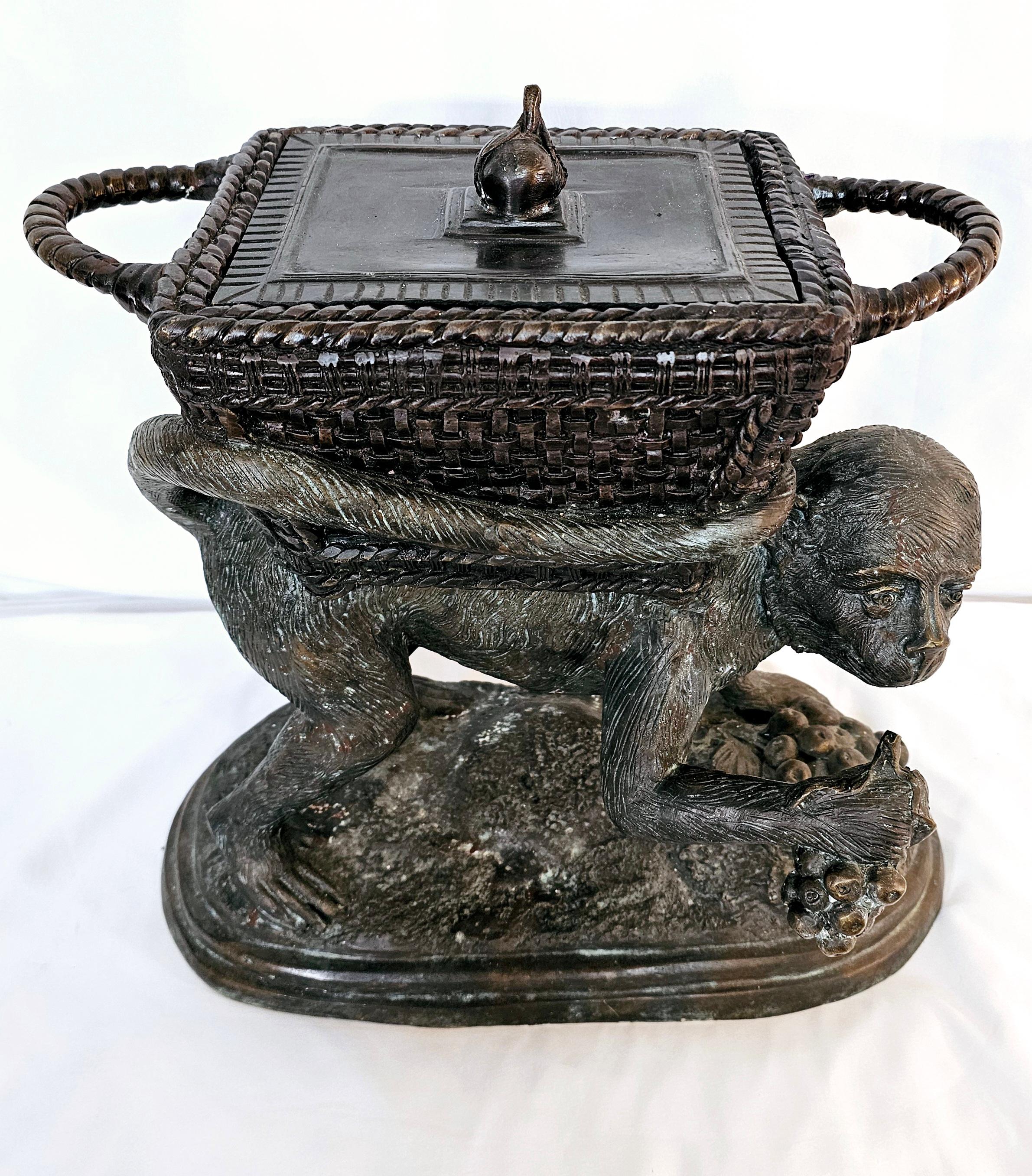 Maitland Smith bronze monkey carrying fruit lidded container For Sale 13