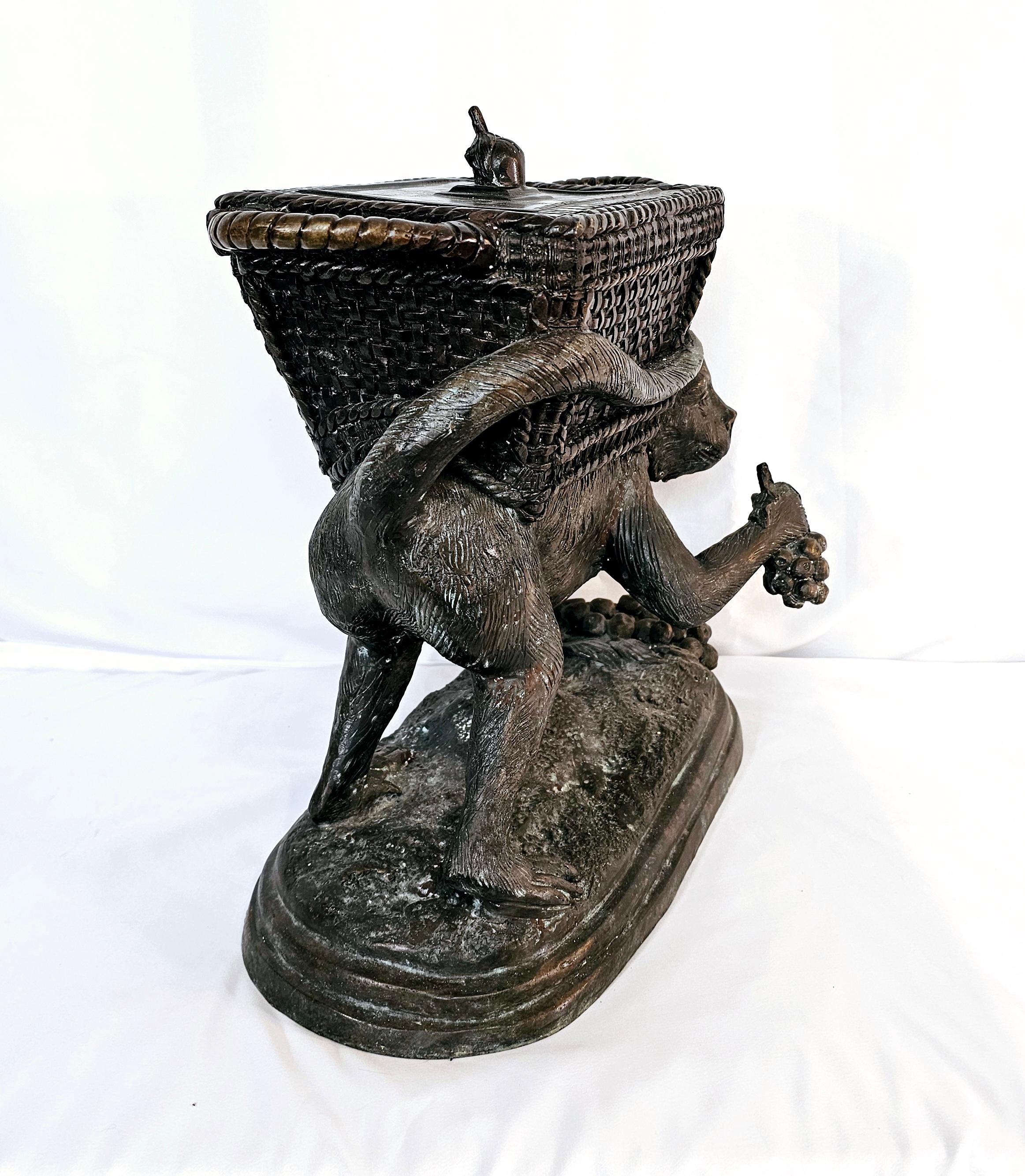 Maitland Smith bronze monkey carrying fruit lidded container In Good Condition For Sale In Waxahachie, TX