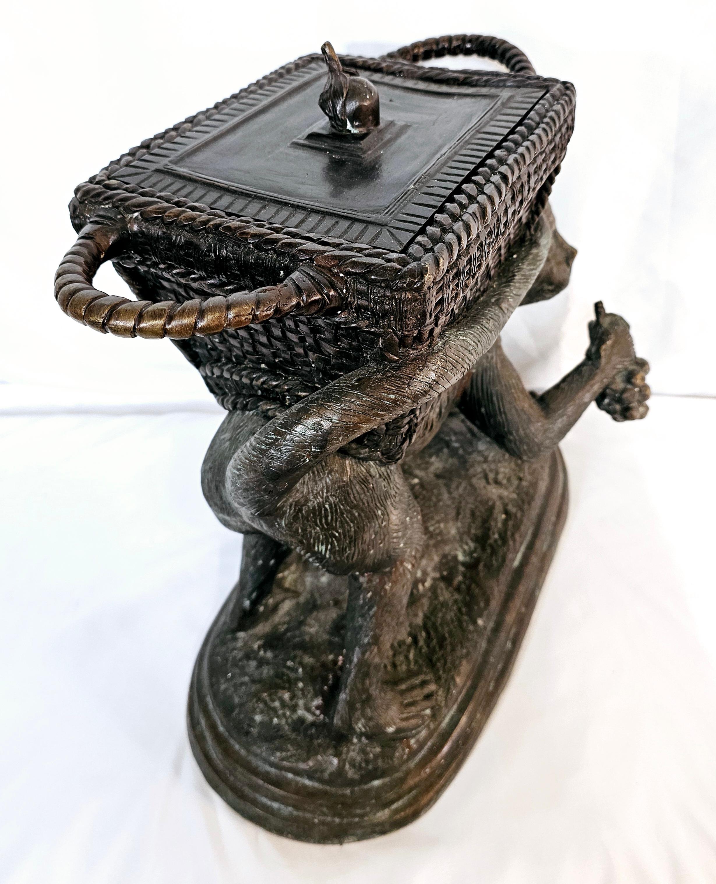 Late 20th Century Maitland Smith bronze monkey carrying fruit lidded container For Sale