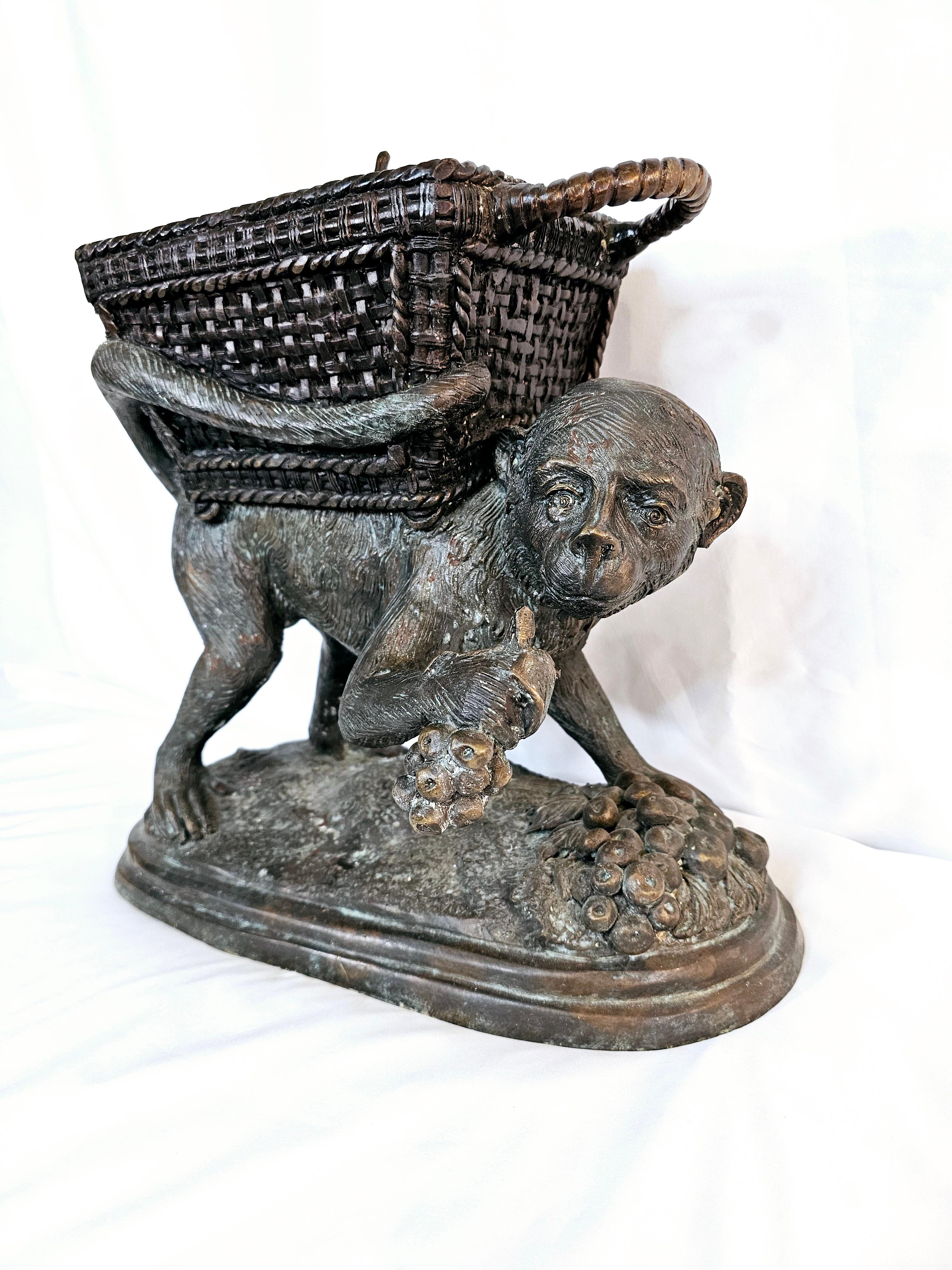 Bronze Maitland Smith bronze monkey carrying fruit lidded container For Sale
