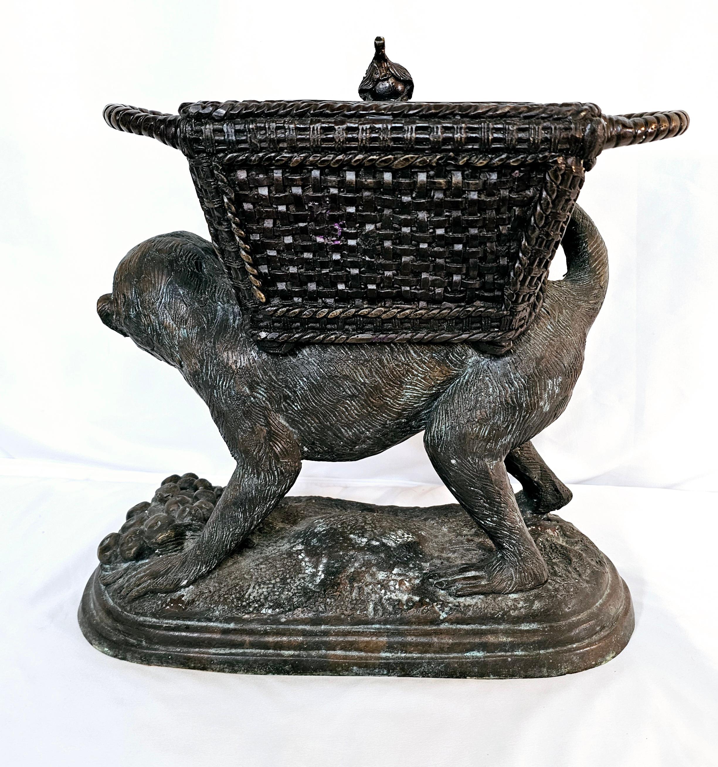 Maitland Smith bronze monkey carrying fruit lidded container For Sale 1