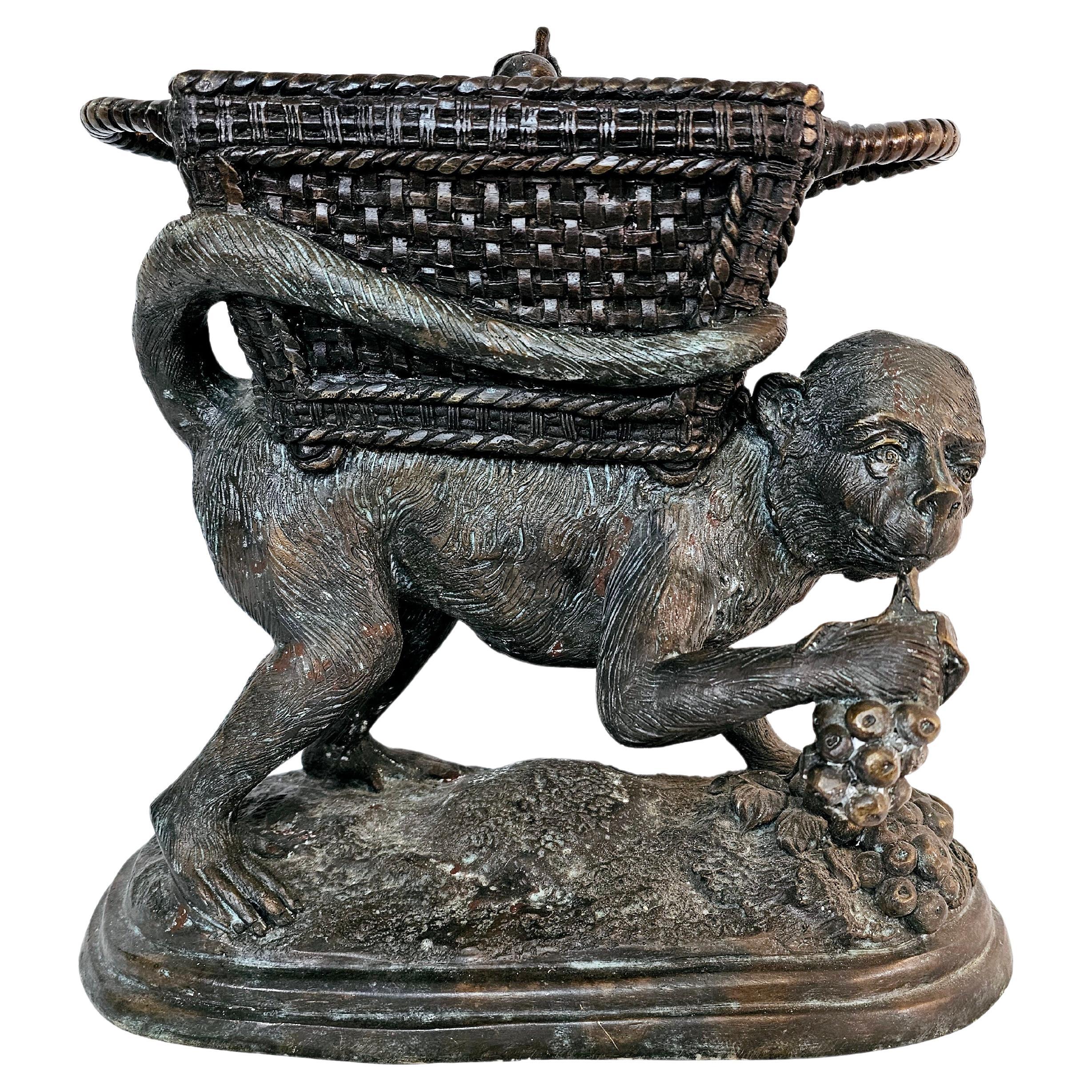 Maitland Smith bronze monkey carrying fruit lidded container For Sale