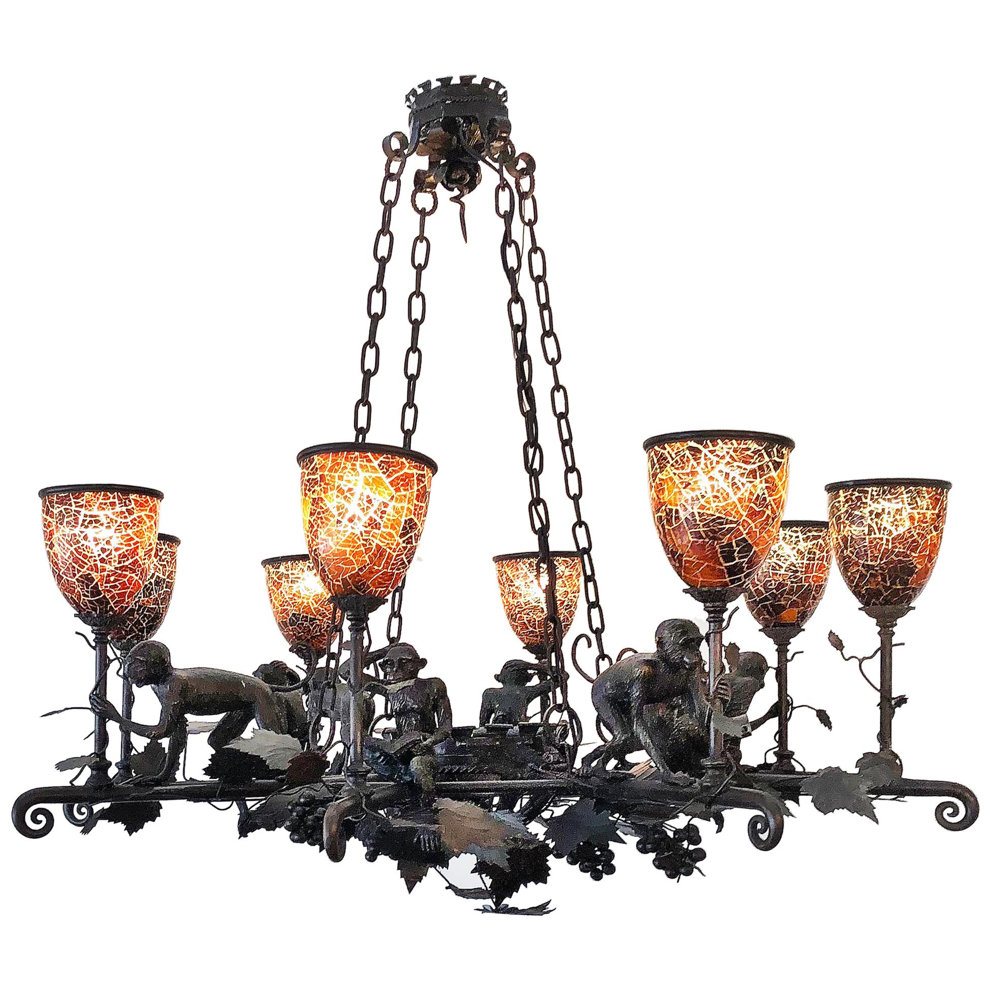 Maitland Smith Bronze "Monkey" Chandelier with Penn Shell Shades