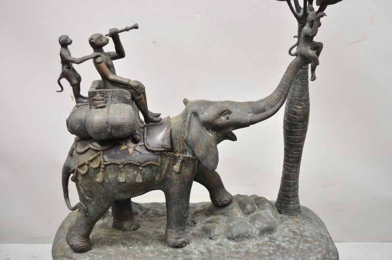 Thai Maitland Smith Bronze Monkey Elephant Palm Tree Sculpture Candle Holder, a Pair For Sale