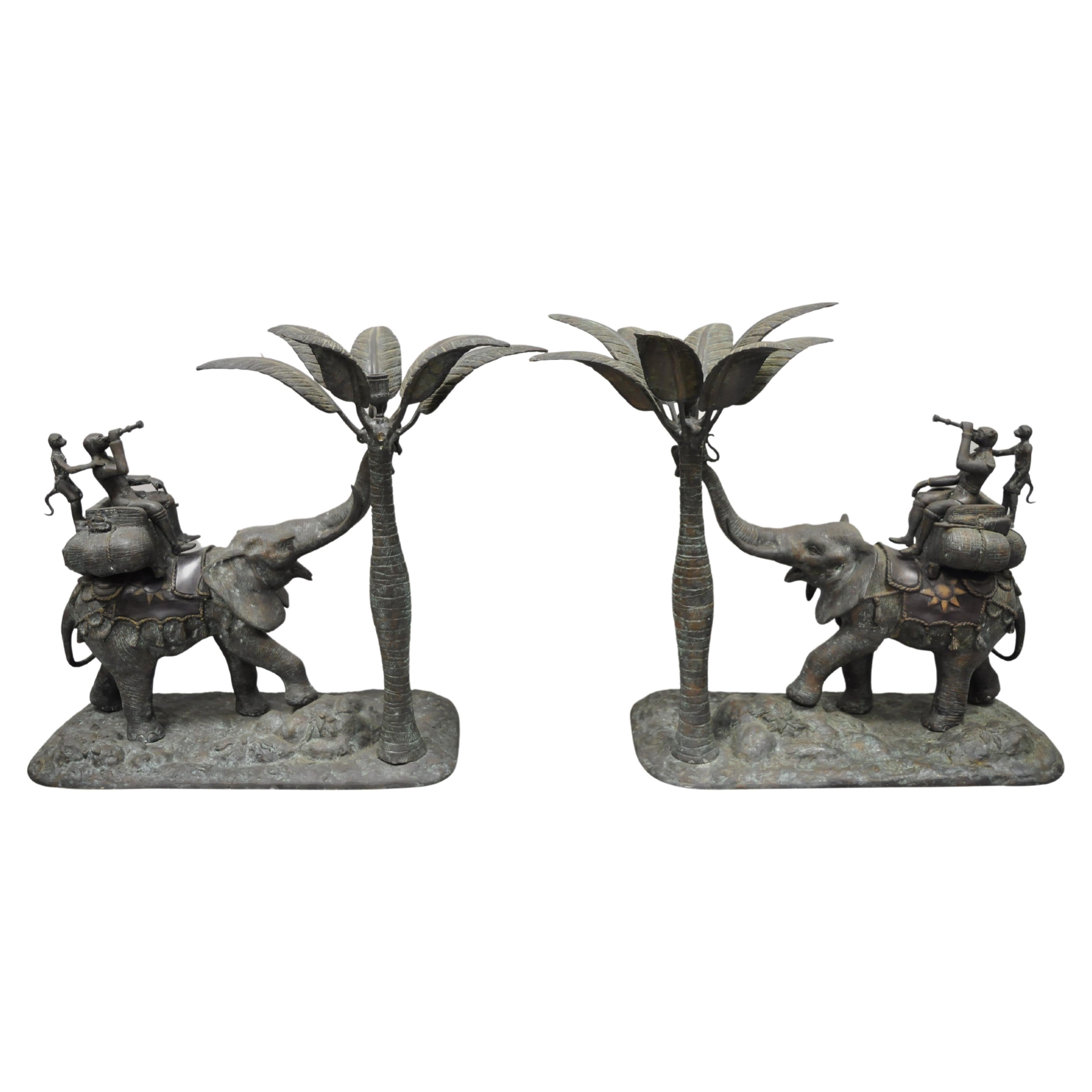 Maitland Smith Bronze Monkey Elephant Palm Tree Sculpture Candle Holder, a Pair