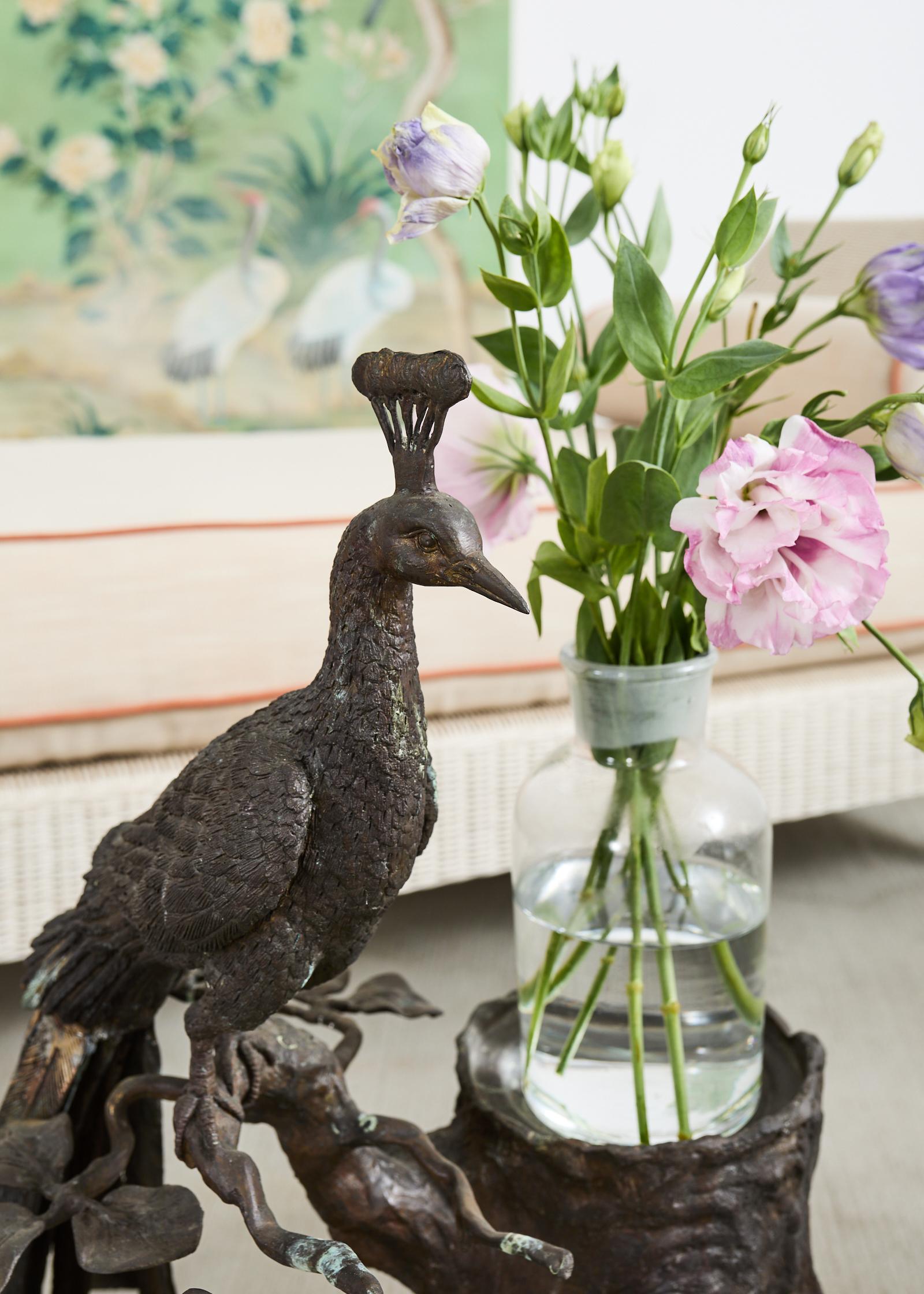 Thai Maitland Smith Bronze Peacock Drinks Table Plant Stand Sculpture For Sale