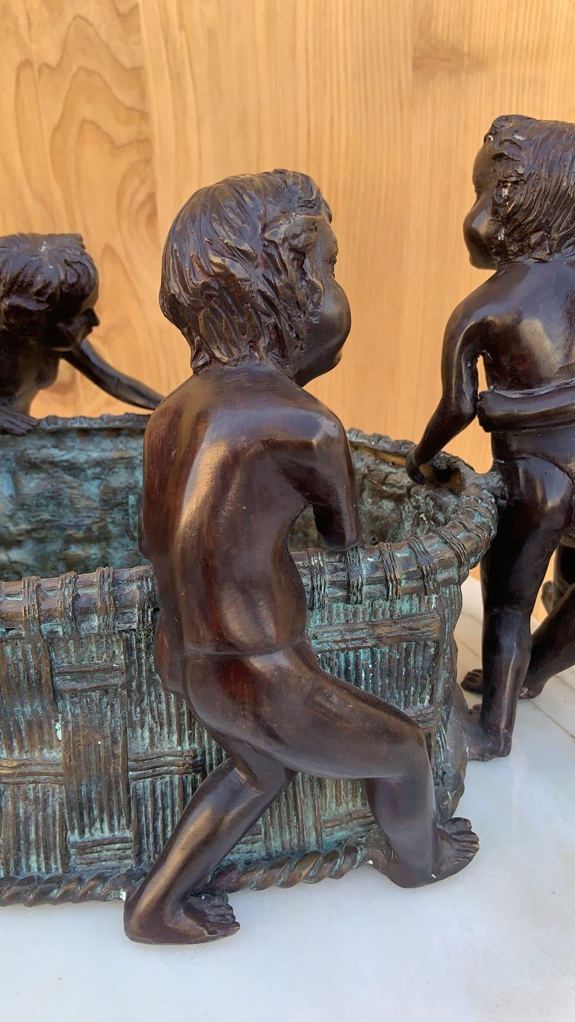 Hand-Crafted Maitland-Smith Bronze Planter with Five Boys For Sale