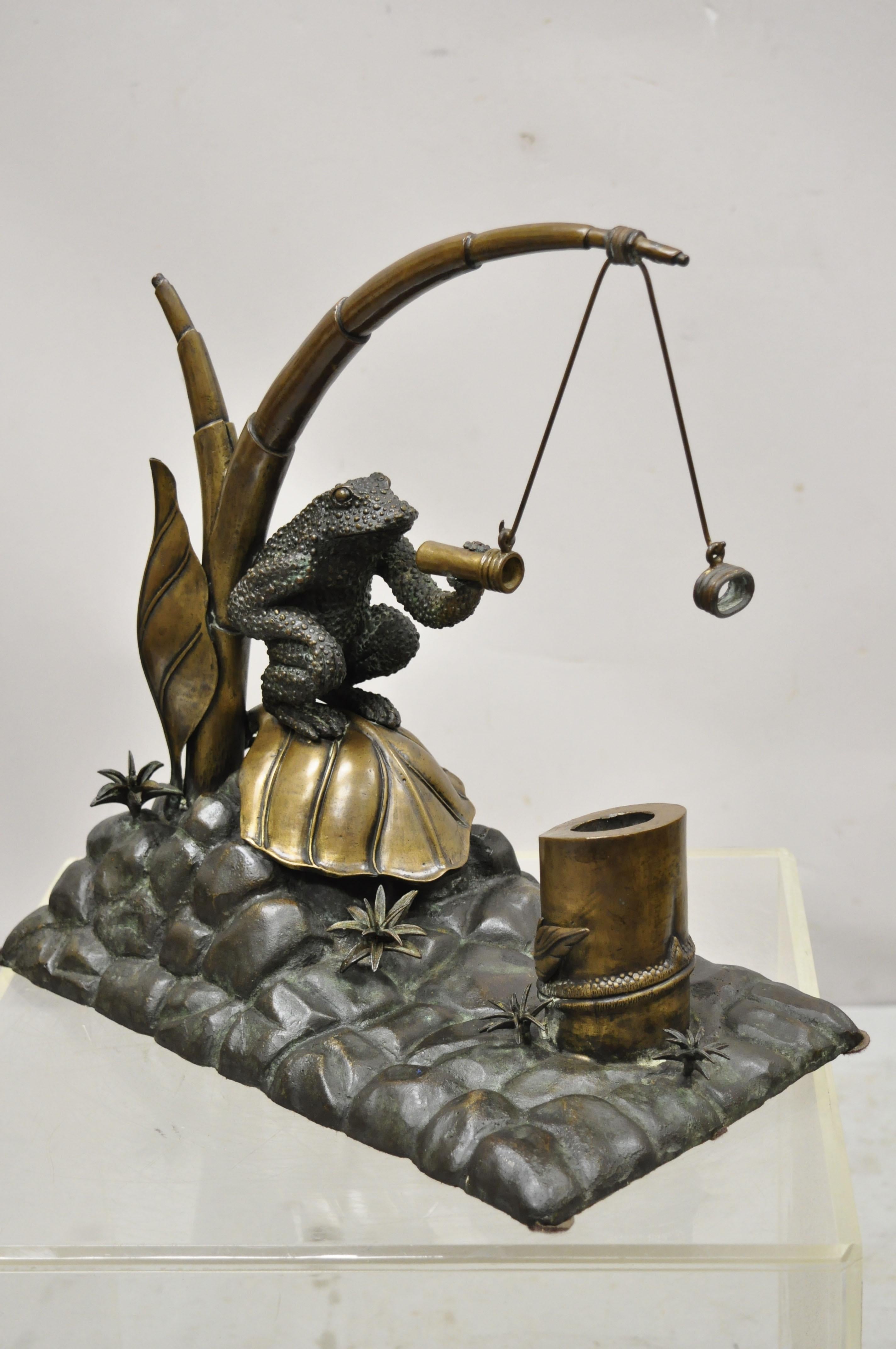 Maitland Smith Bronze Toad Frog Seated on Lily Pad Inkwell Pen Holder 18