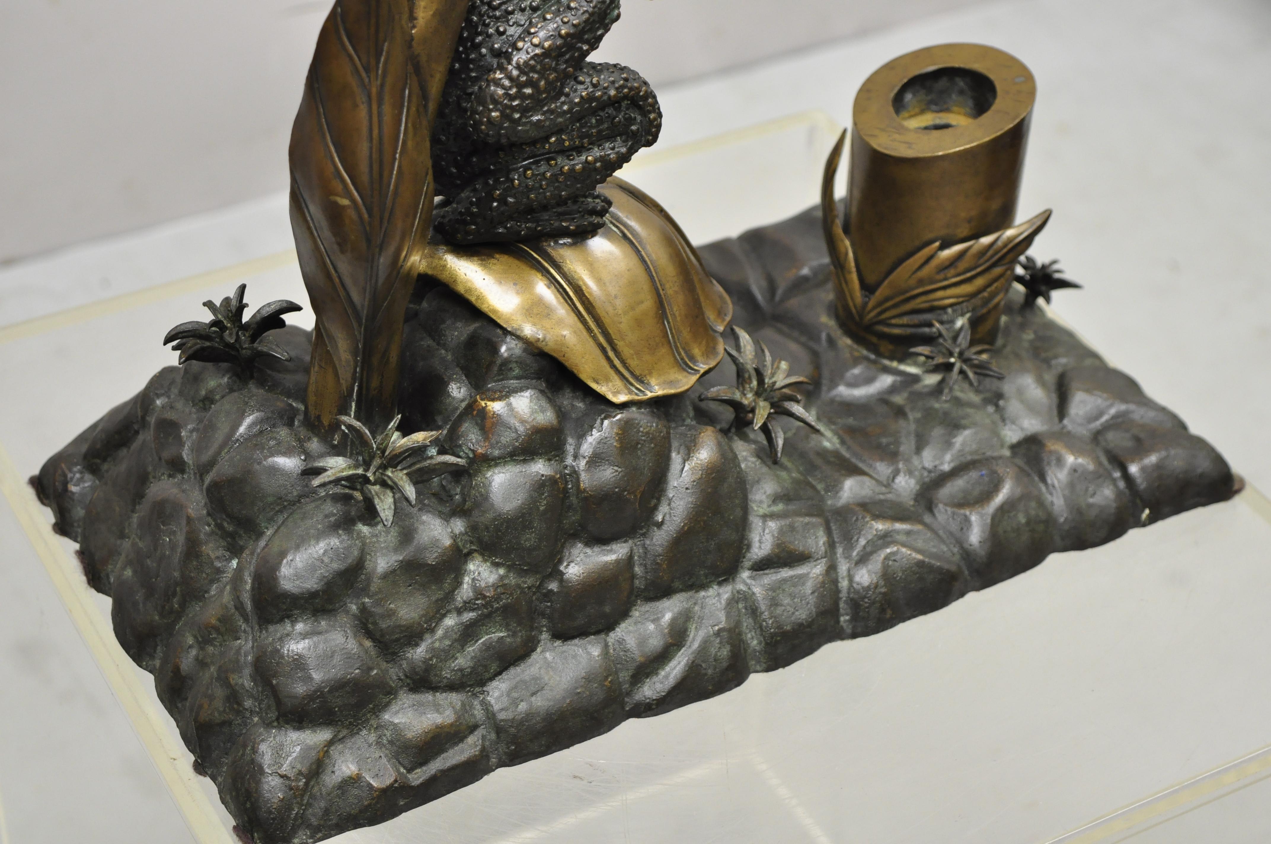 Maitland Smith Bronze Toad Frog Lily Pad Inkwell Pen Holder Sculpture Statue For Sale 2