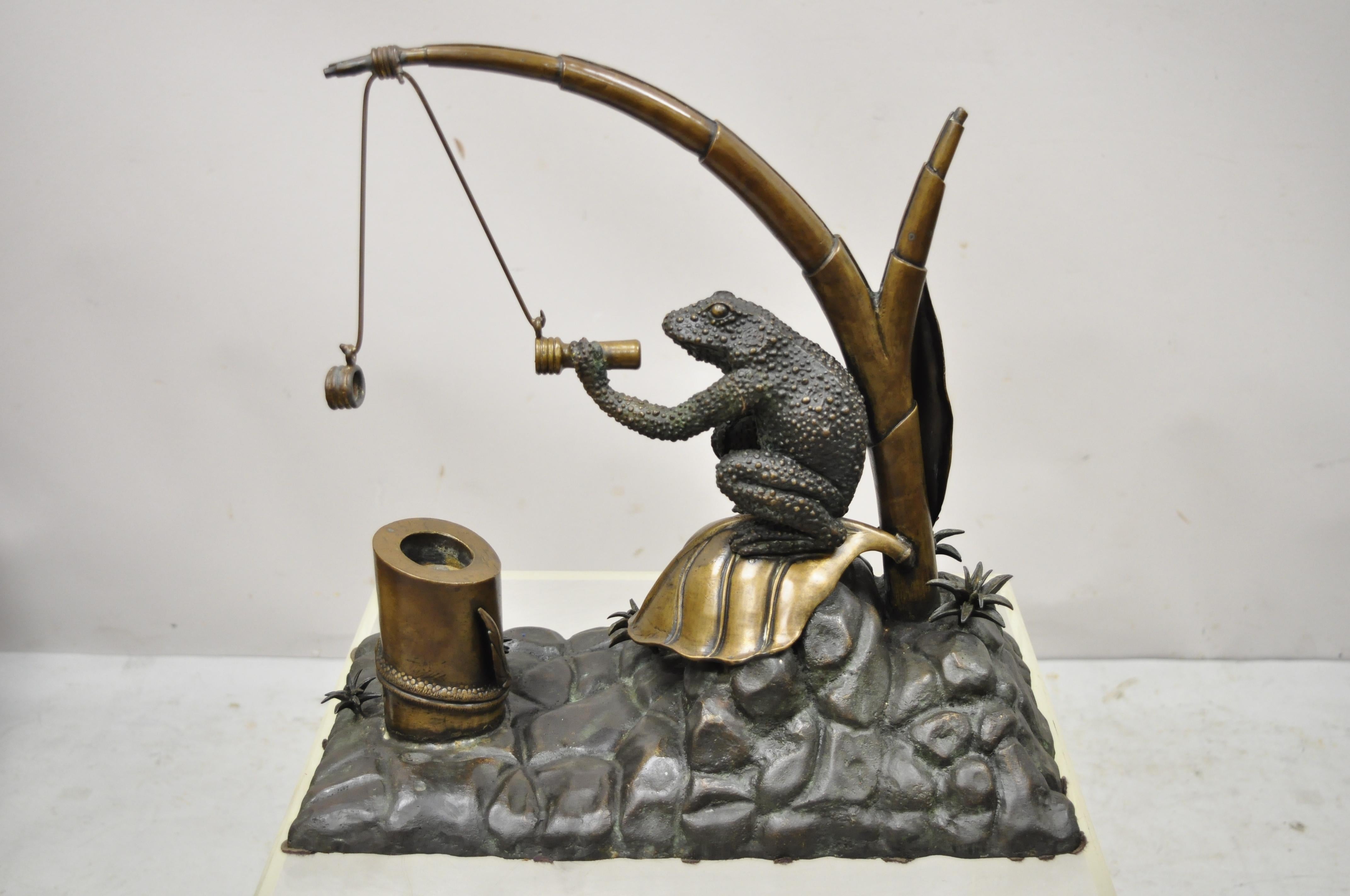 Maitland Smith Bronze Toad Frog Lily Pad Inkwell Pen Holder Sculpture Statue For Sale 4