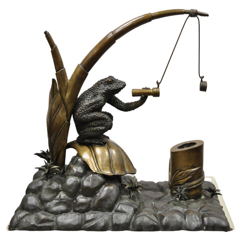 Maitland Smith Bronze Toad Frog Lily Pad Inkwell Pen Holder Sculpture