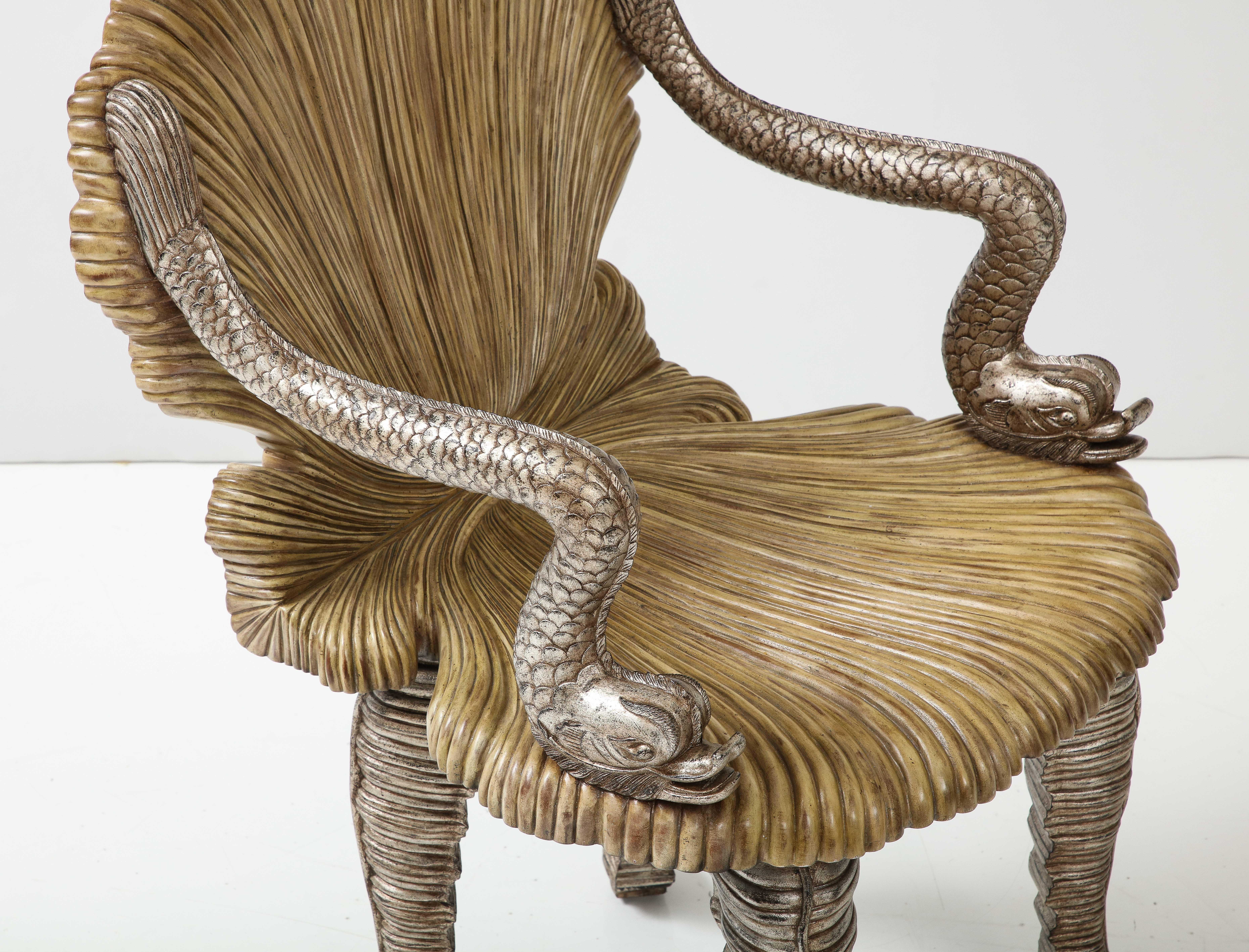 Maitland Smith Carved Grotto Chair with Dolphin Arms In Good Condition In New York, NY