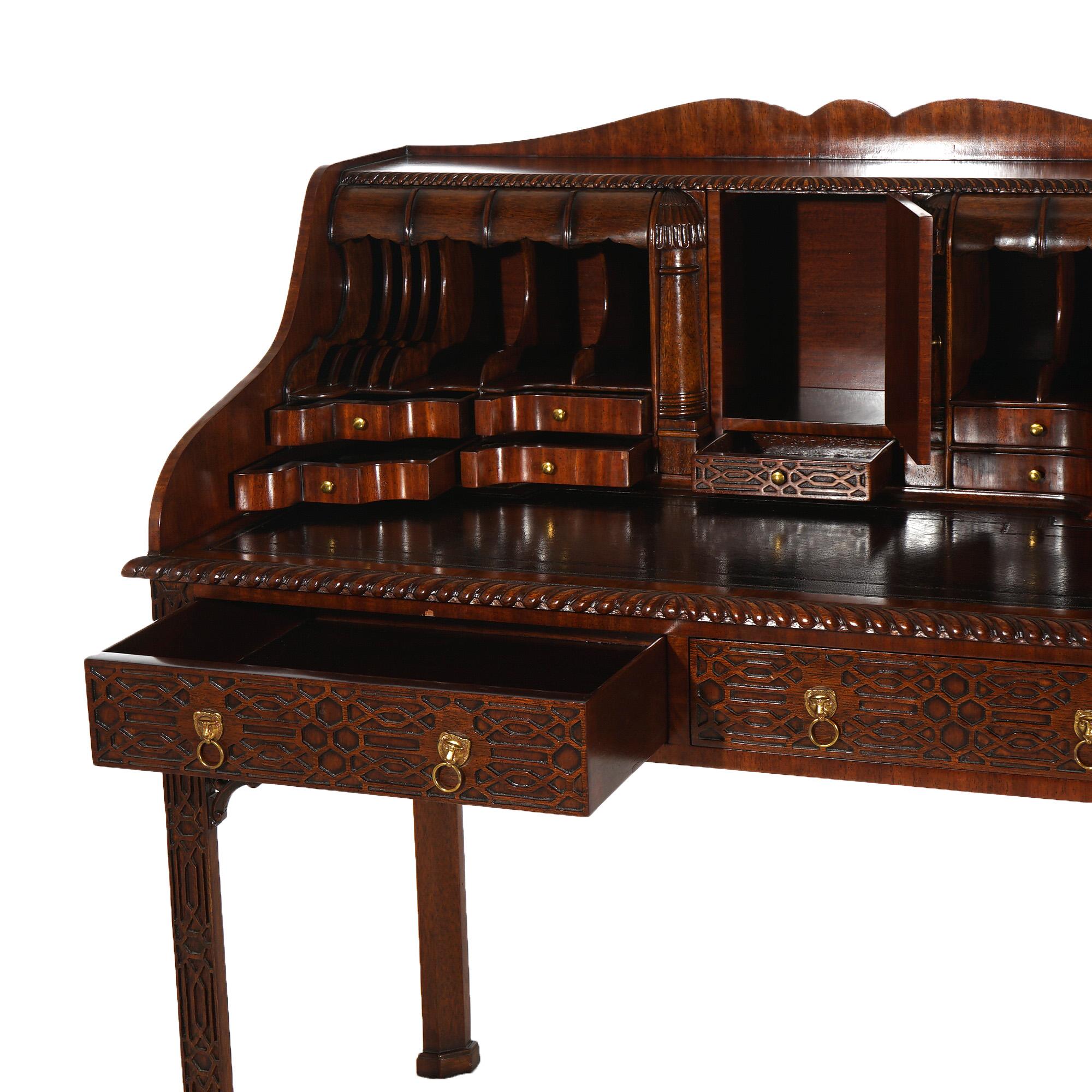 20th Century Maitland Smith Carved Mahogany Chinese Chippendale Style Carlton Desk Set c1940 For Sale