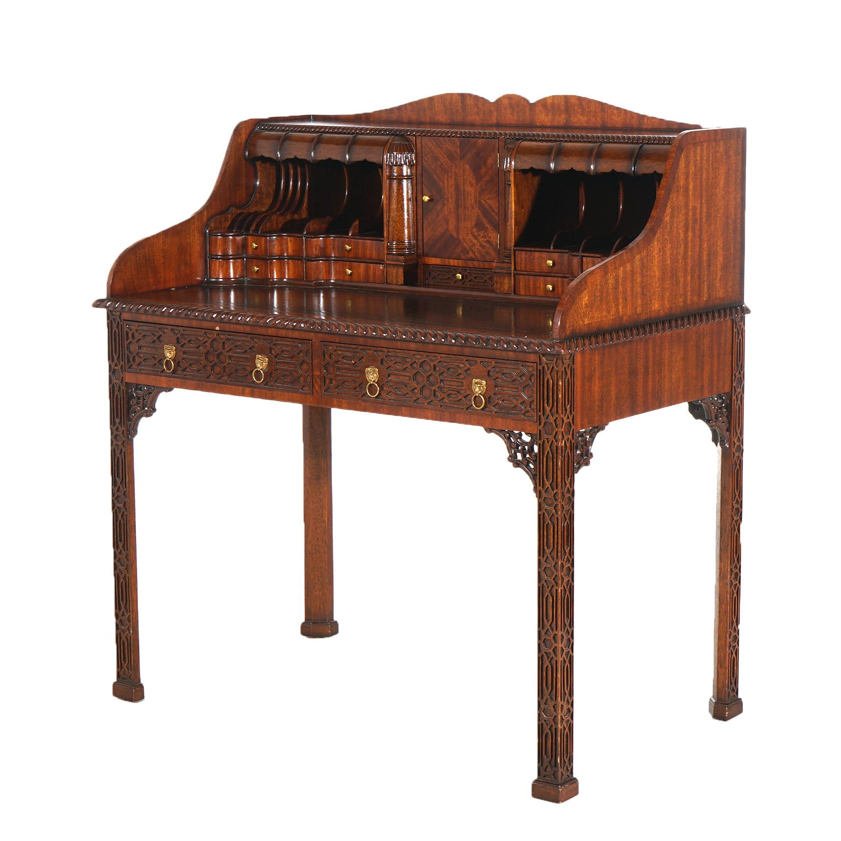 Maitland Smith Carved Mahogany Chinese Chippendale Style Carlton Desk Set c1940 For Sale 1