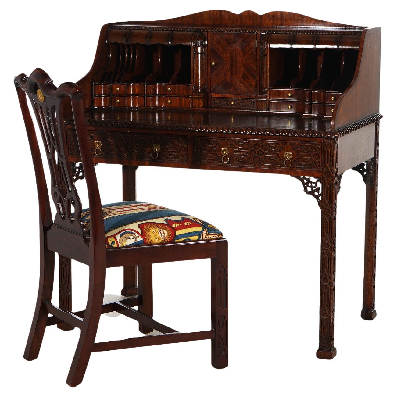 Maitland Smith Carved Mahogany Chinese Chippendale Style Carlton Desk Set c1940 For Sale
