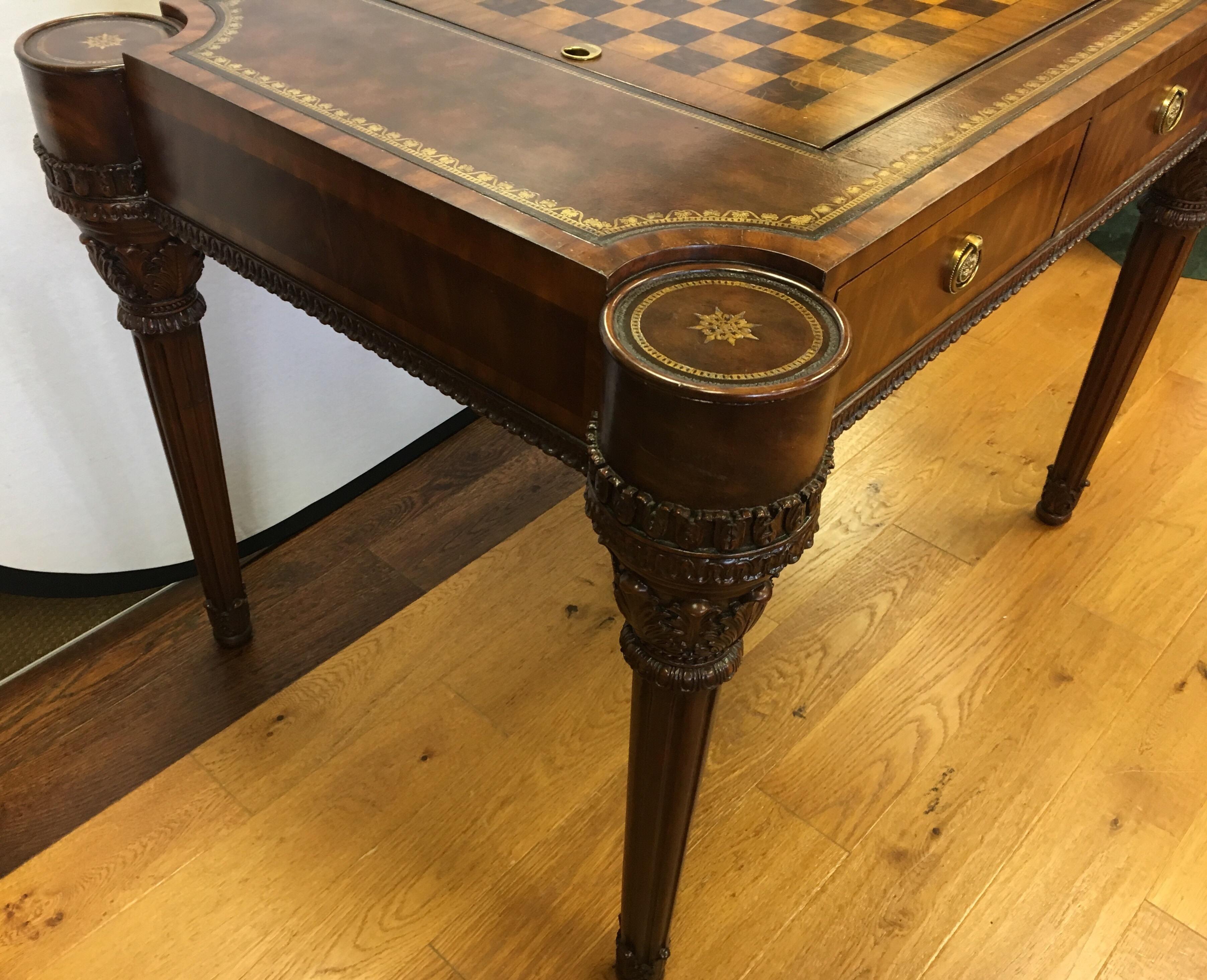 Maitland-Smith Carved Mahogany Game Table with Leather Top 2