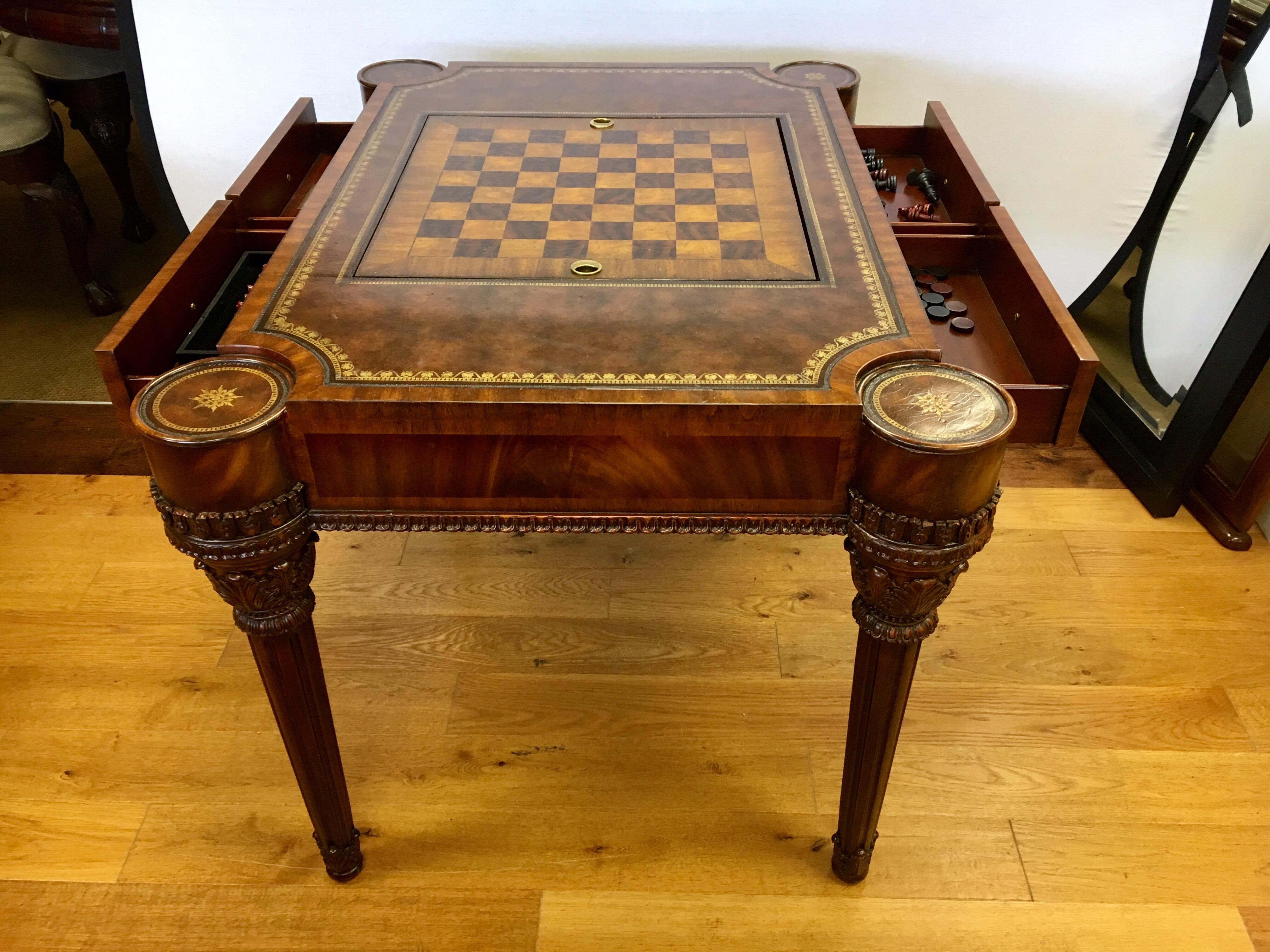 Maitland-Smith Carved Mahogany Game Table with Leather Top 8